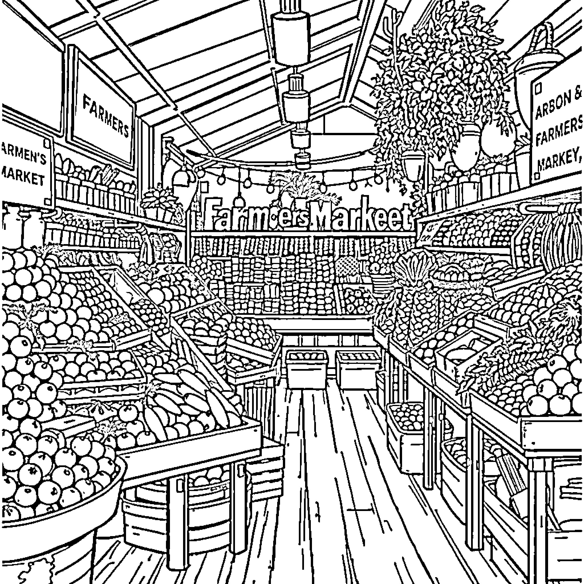 Market scene with busy shoppers and produce displays Coloring Page (free black-and-white line drawing printable PDF for all, from beginners to advanced learners, including children, teens, adults, and seniors)