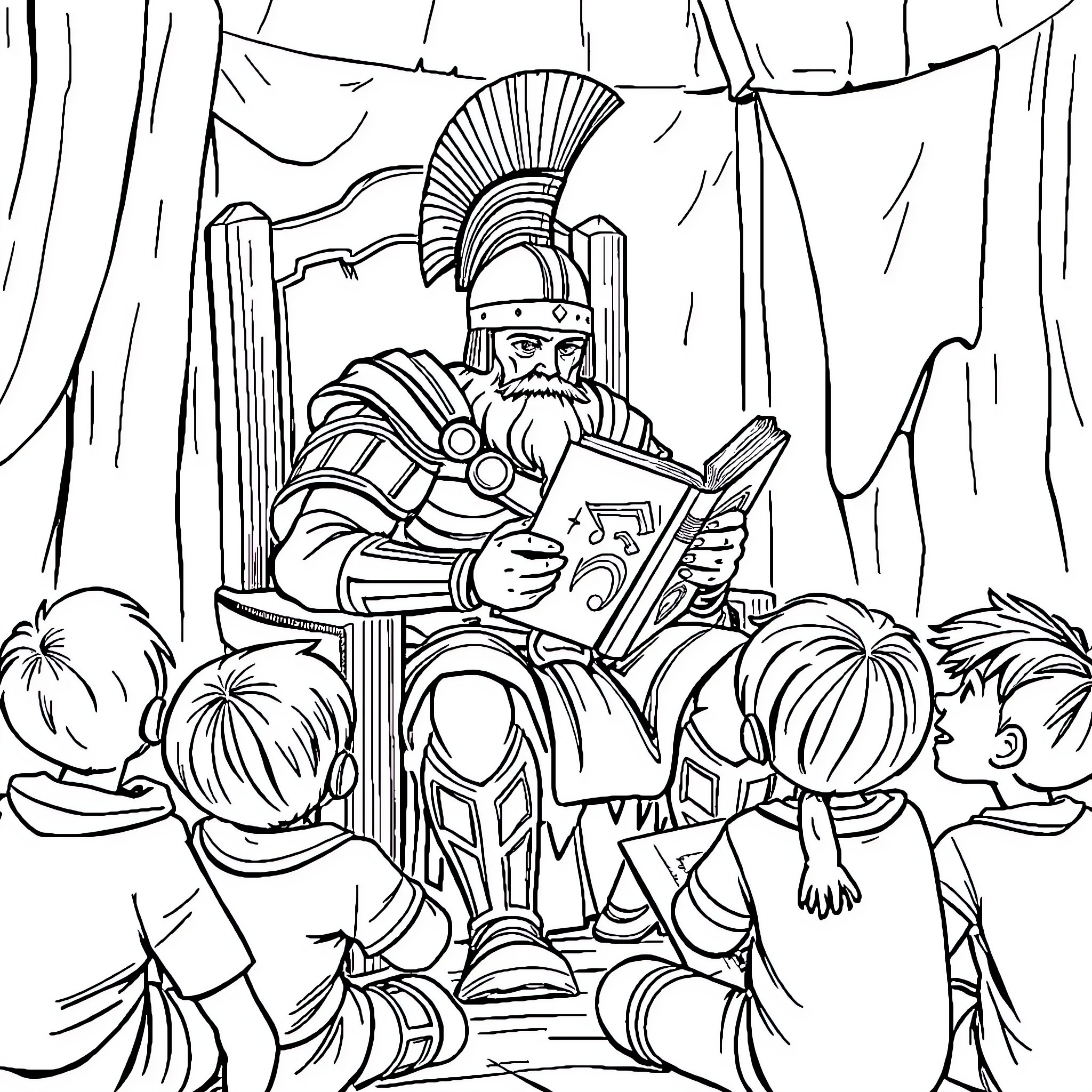 Gladiator Storyteller Captivates Young Audience Coloring Page (free black-and-white line drawing printable PDF for all, from beginners to advanced learners, including children, teens, adults, and seniors)