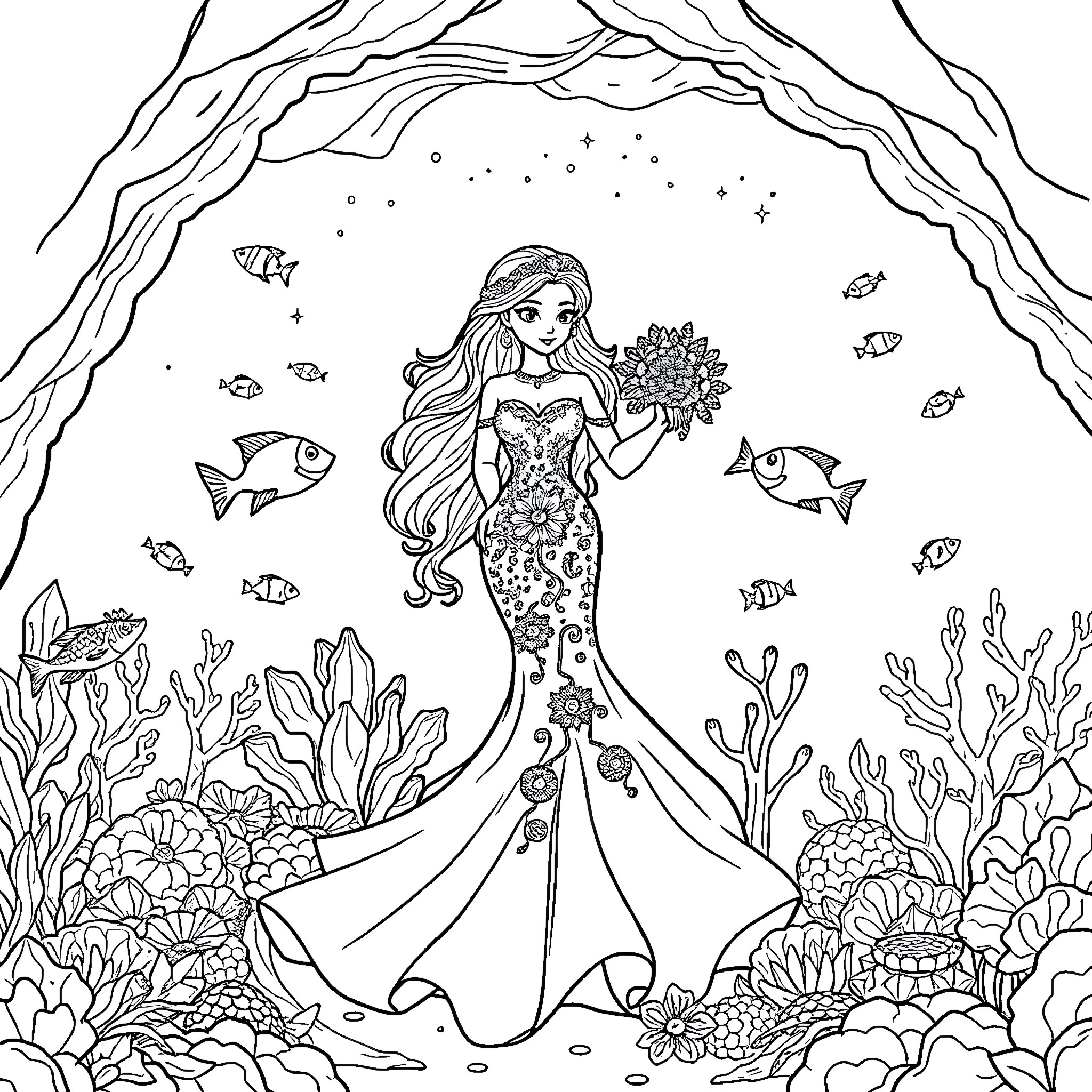 Mermaid surrounded by sea life and coral Coloring Page (free black-and-white line drawing printable PDF for all, from beginners to advanced learners, including children, teens, adults, and seniors)