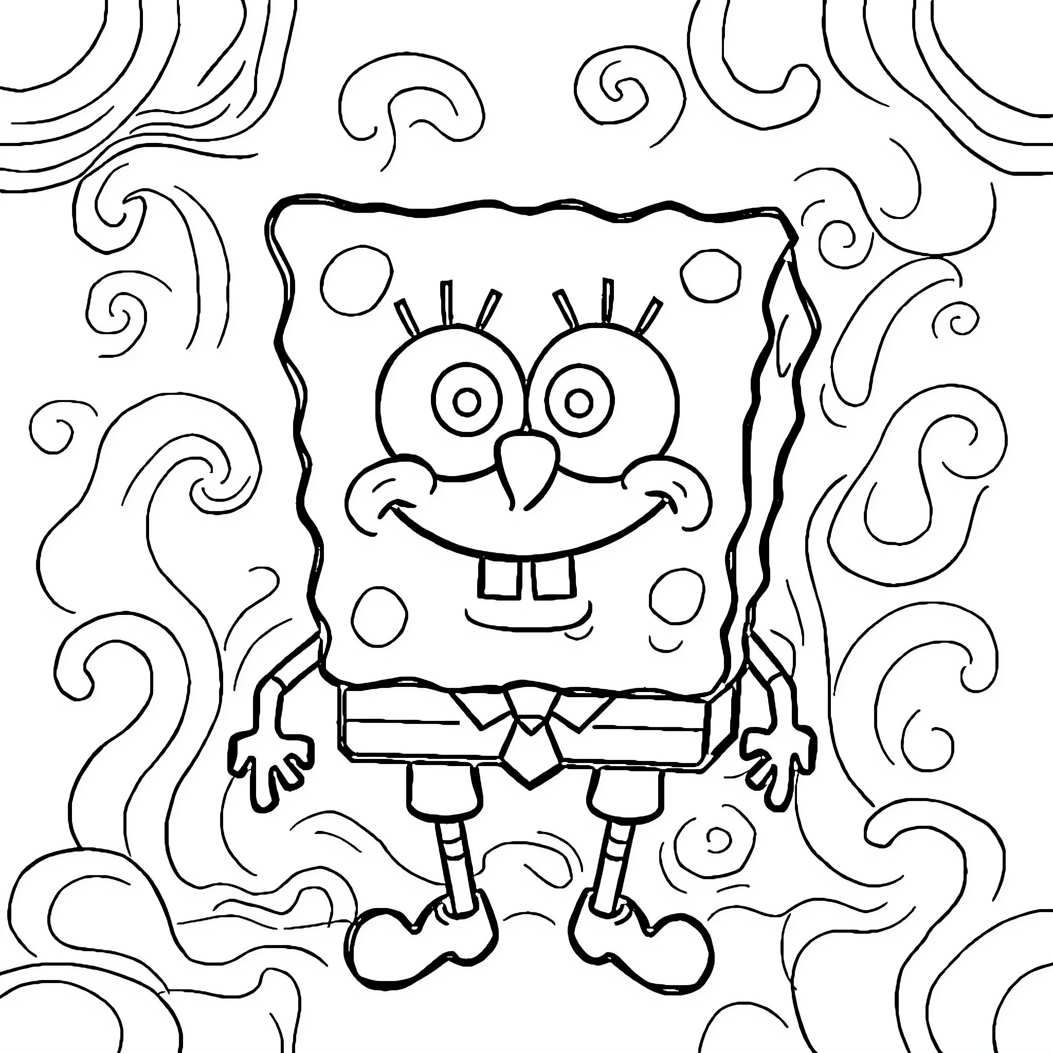 Spongebob in a whimsical and vibrant scene Coloring Page (free black-and-white line drawing printable PDF for all, from beginners to advanced learners, including children, teens, adults, and seniors)