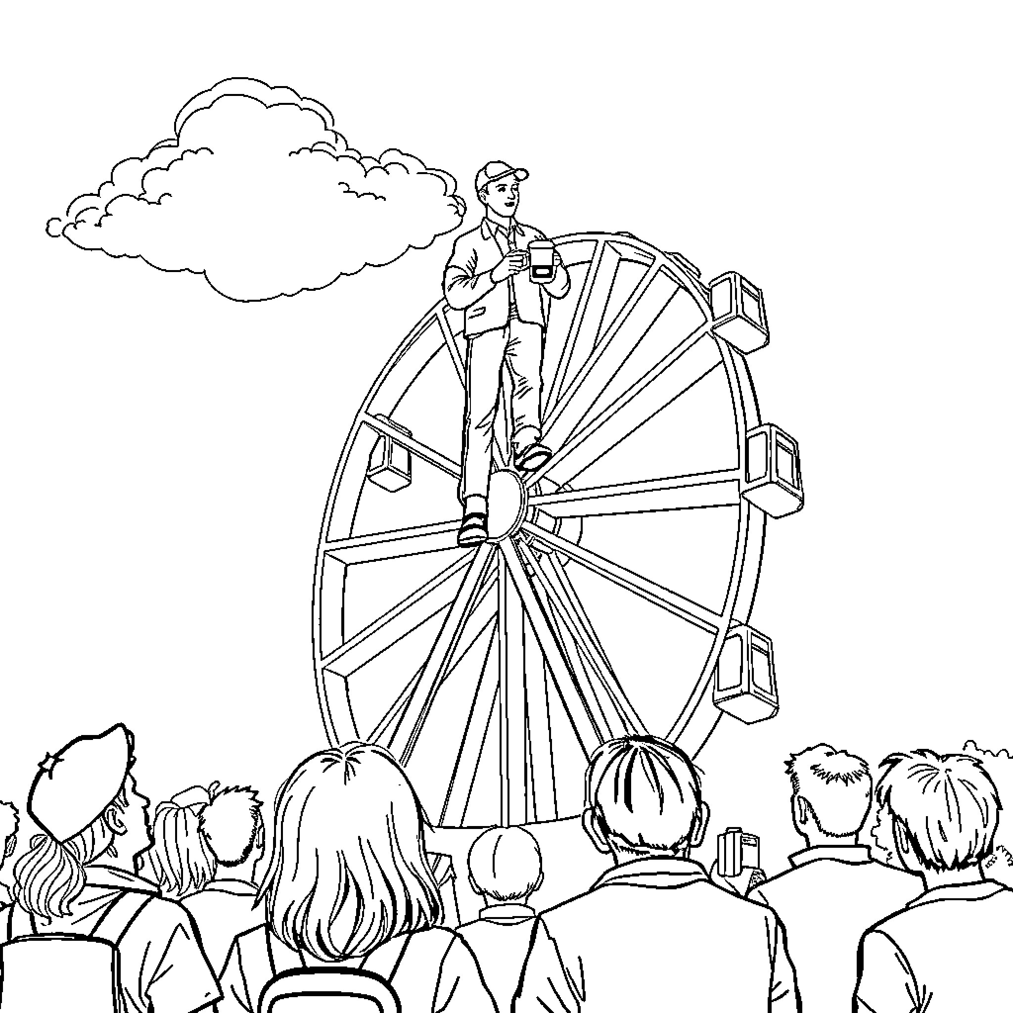 Beer Brewer Operates Ferris Wheel at Carnival Coloring Page (free black-and-white line drawing printable PDF for all, from beginners to advanced learners, including children, teens, adults, and seniors)