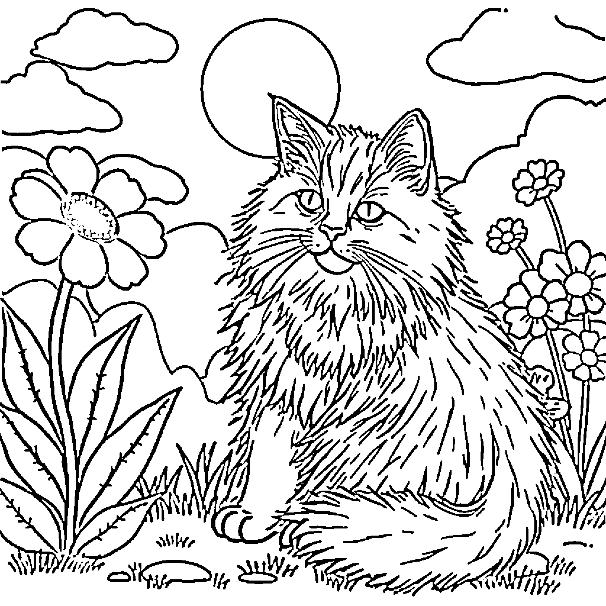 Cat in a peaceful garden scene Coloring Page (free black-and-white line drawing printable PDF for all, from beginners to advanced learners, including children, teens, adults, and seniors)