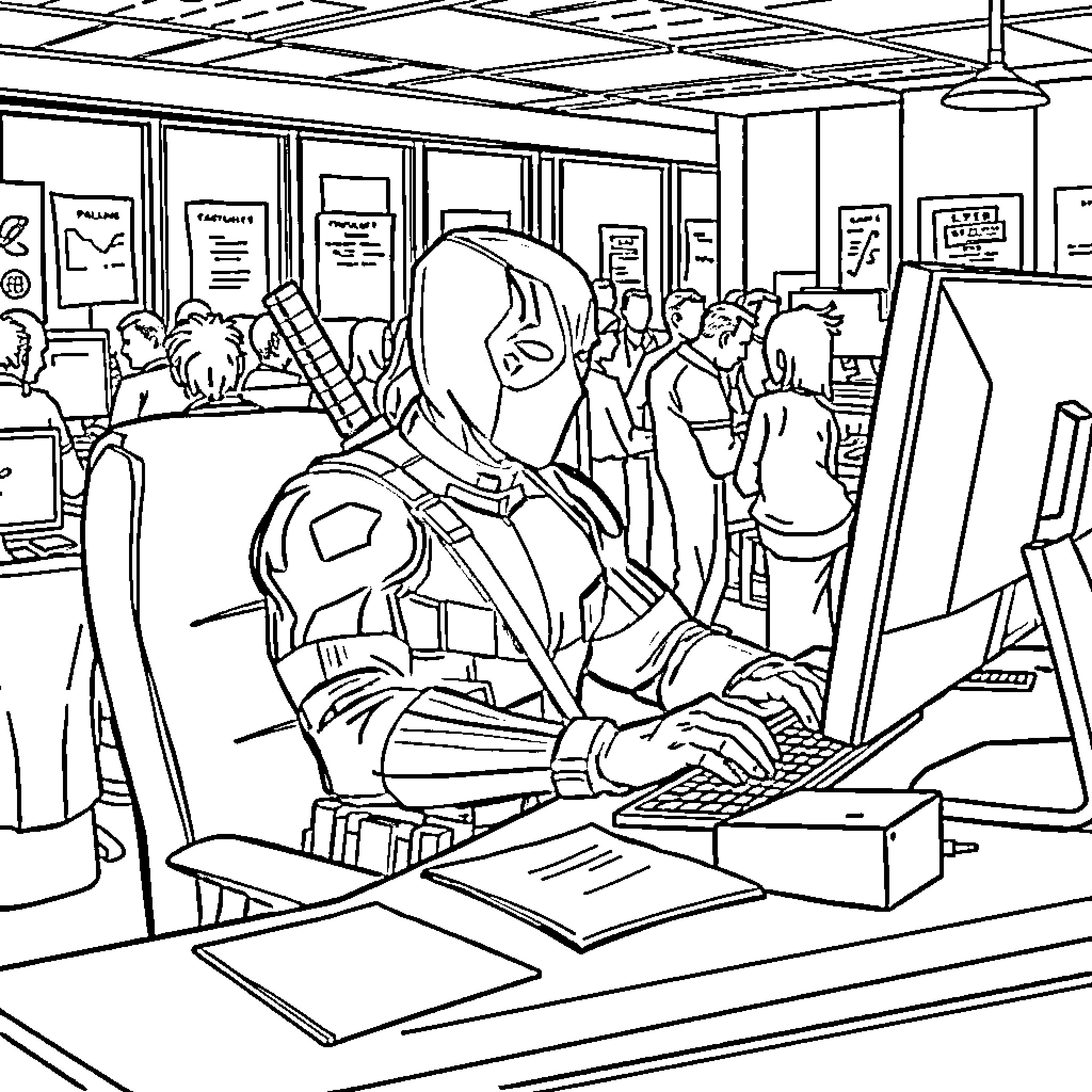 Deadpool working diligently in a crowded office Coloring Page (free black-and-white line drawing printable PDF for all, from beginners to advanced learners, including children, teens, adults, and seniors)