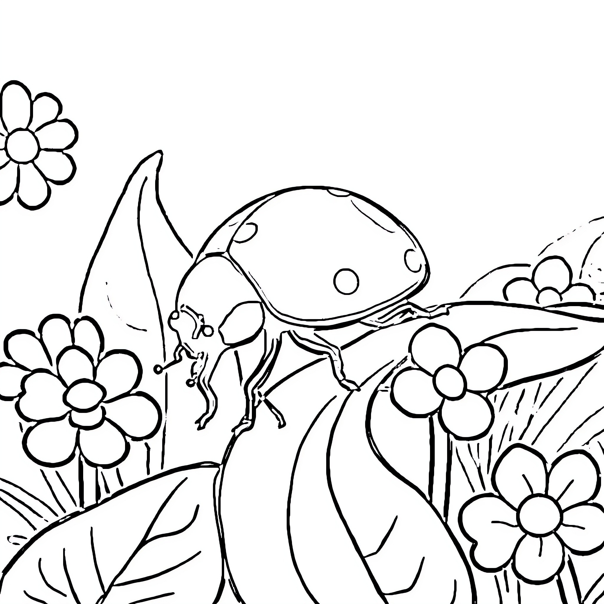 Ladybug exploring a colorful floral landscape Coloring Page (free black-and-white line drawing printable PDF for all, from beginners to advanced learners, including children, teens, adults, and seniors)