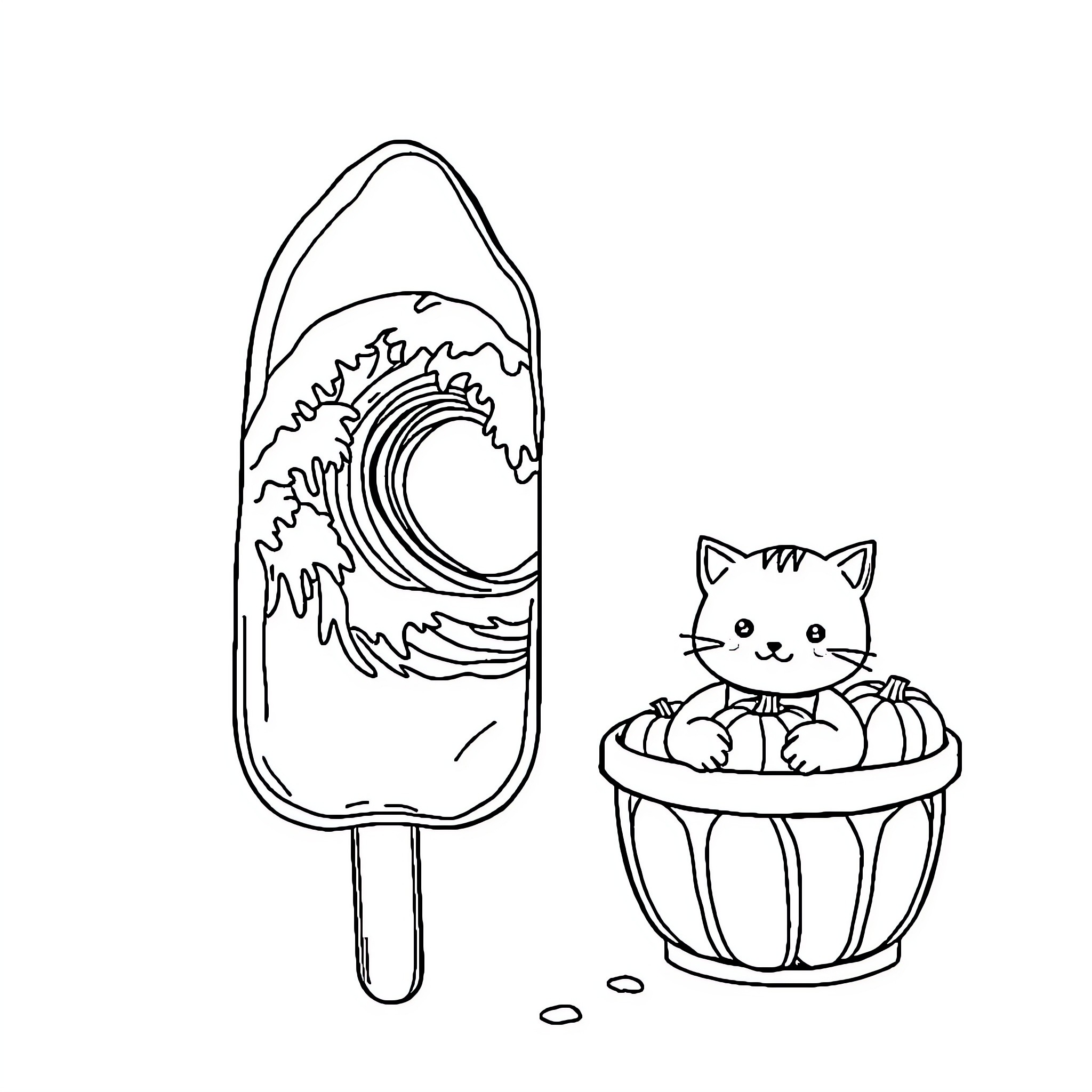 Ice Pop with Playful Kitten Coloring Page (free black-and-white line drawing printable PDF for all, from beginners to advanced learners, including children, teens, adults, and seniors)