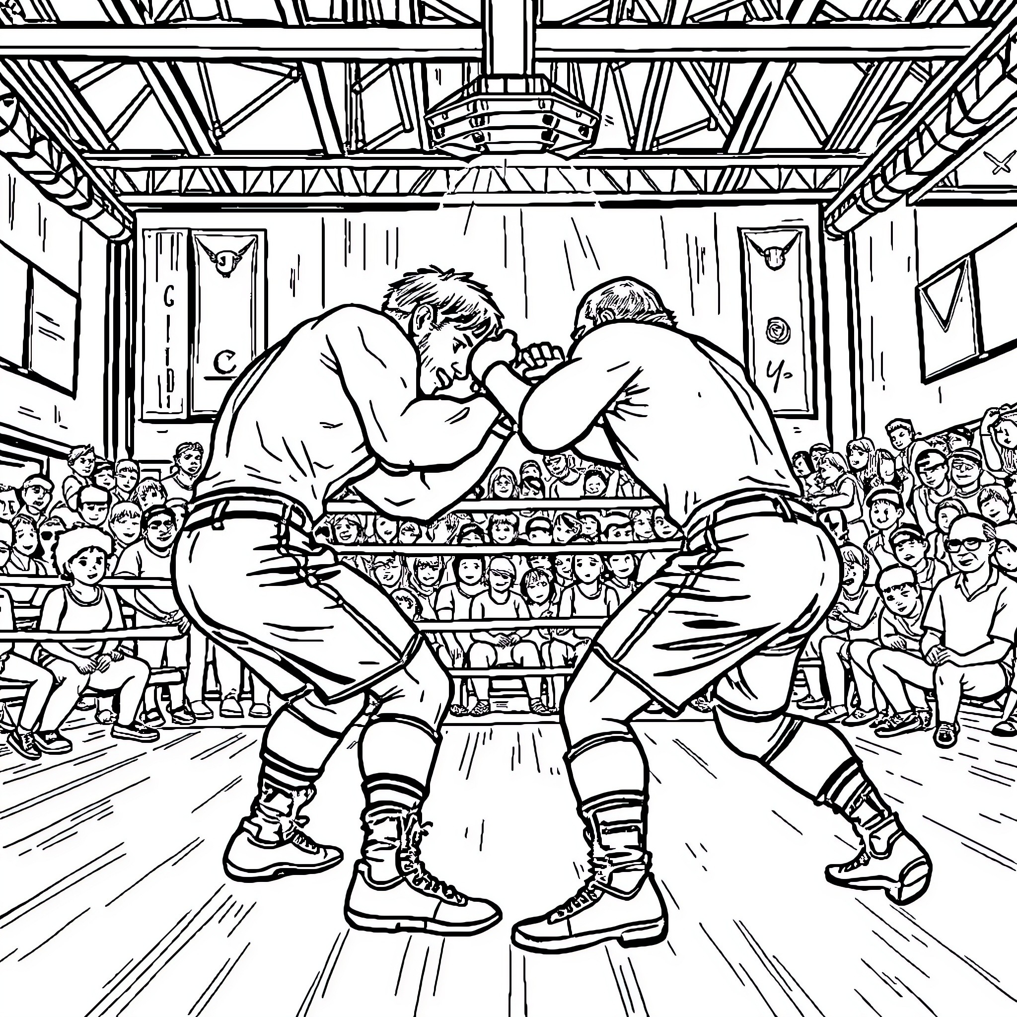 Wrestling match between two competitors in a sports arena Coloring Page (free black-and-white line drawing printable PDF for all, from beginners to advanced learners, including children, teens, adults, and seniors)