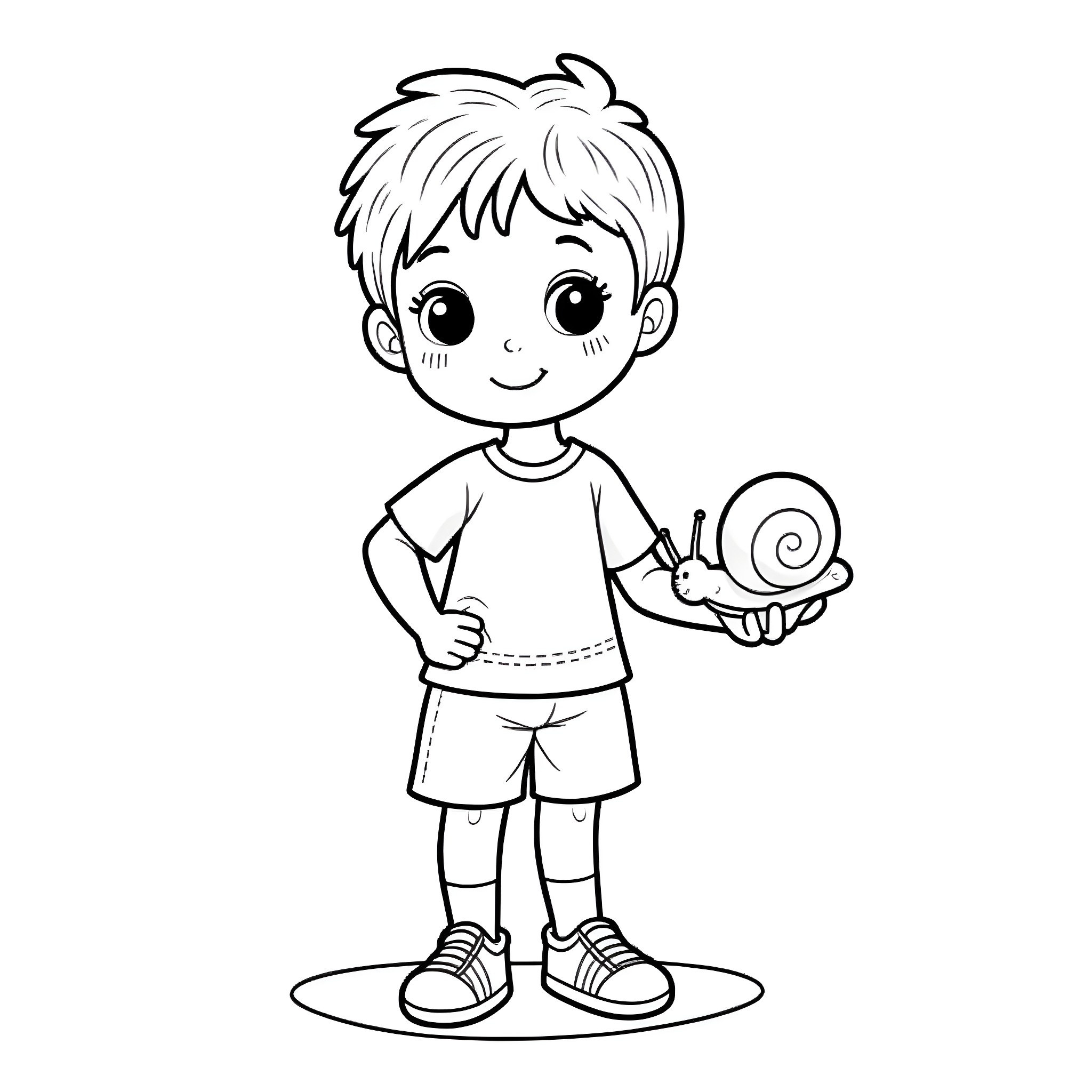 Boy holding a snail with curiosity Coloring Page (free black-and-white line drawing printable PDF for all, from beginners to advanced learners, including children, teens, adults, and seniors)