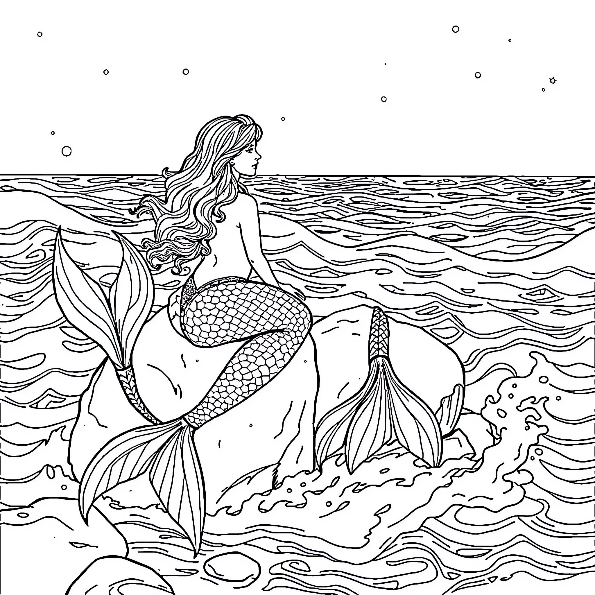 Mermaid swimming gracefully in the ocean waves Coloring Page (free black-and-white line drawing printable PDF for all, from beginners to advanced learners, including children, teens, adults, and seniors)