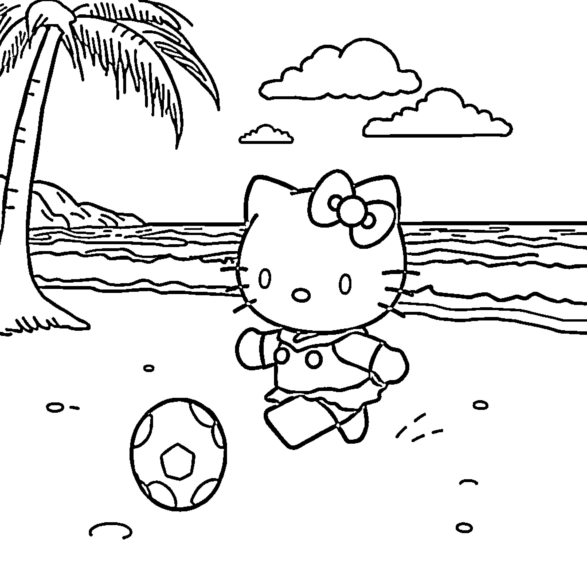Hello Kitty Playing on the Beach Coloring Page (free black-and-white line drawing printable PDF for all, from beginners to advanced learners, including children, teens, adults, and seniors)