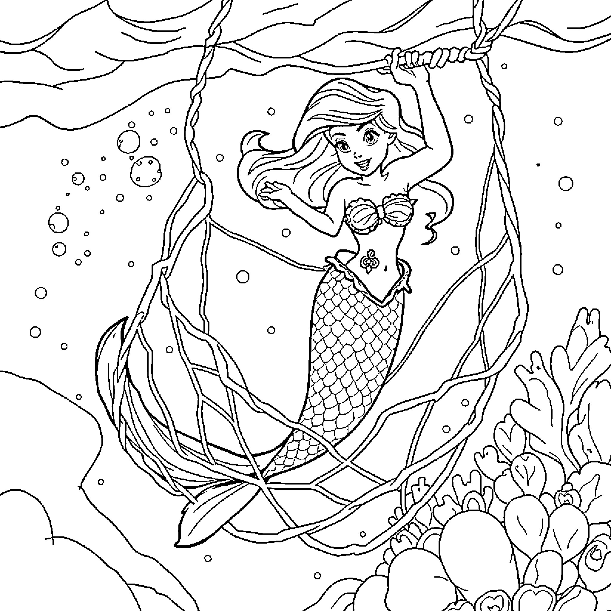 Mermaid swimming gracefully underwater Coloring Page (free black-and-white line drawing printable PDF for all, from beginners to advanced learners, including children, teens, adults, and seniors)