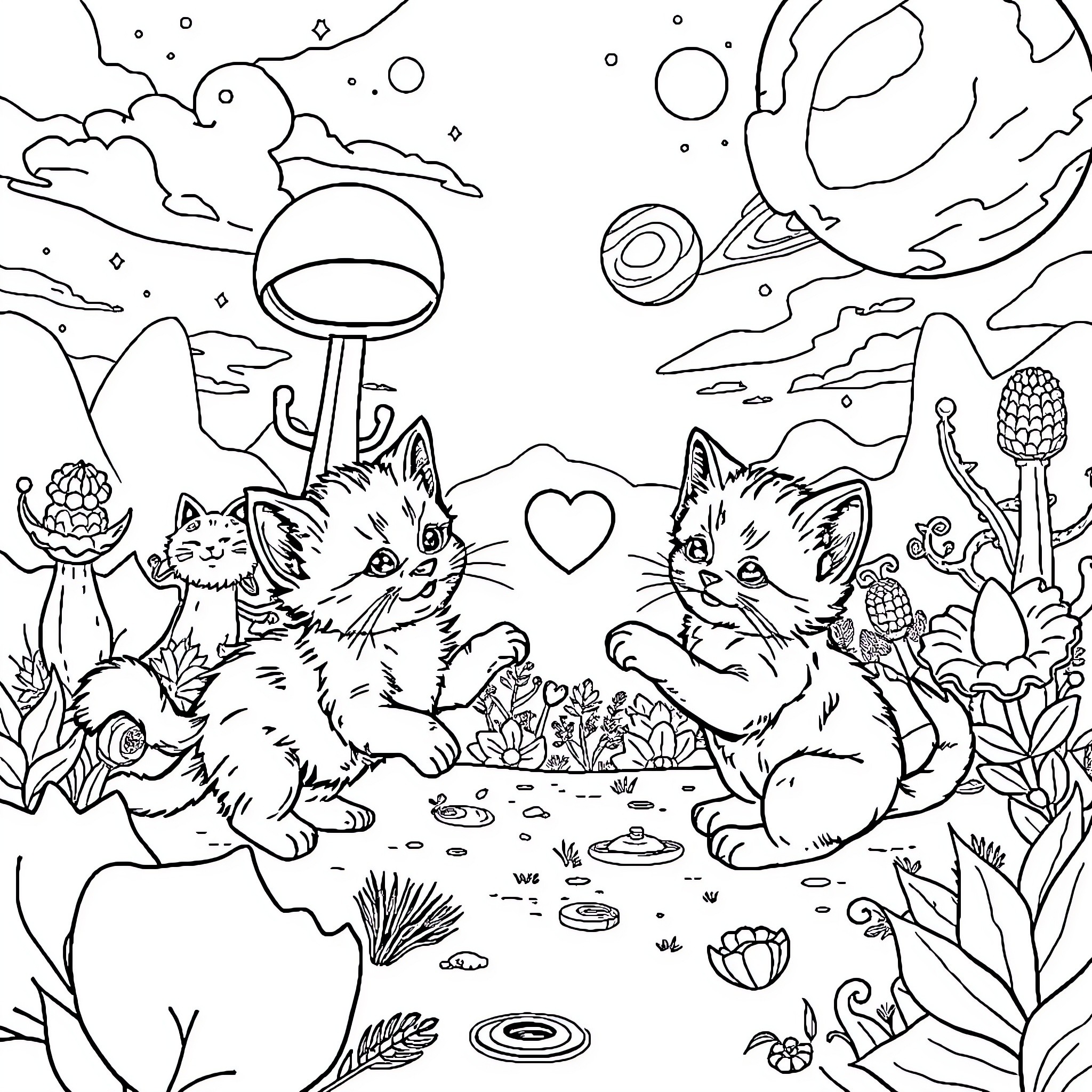 Kittens exploring a magical forest Coloring Page (free black-and-white line drawing printable PDF for all, from beginners to advanced learners, including children, teens, adults, and seniors)