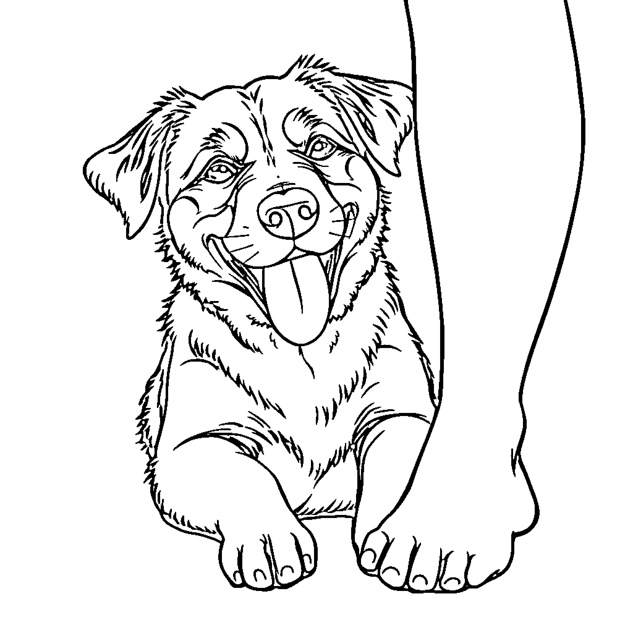 Dog happily sitting and waiting Coloring Page (free black-and-white line drawing printable PDF for all, from beginners to advanced learners, including children, teens, adults, and seniors)
