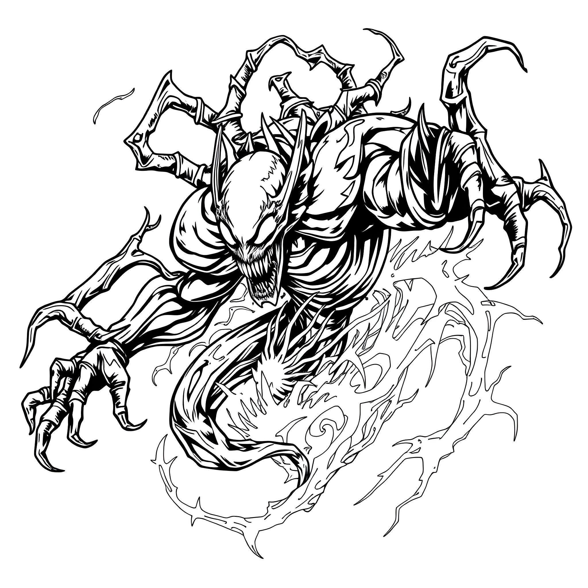 Carnage of a Monstrous Creature Unleashed Coloring Page (free black-and-white line drawing printable PDF for all, from beginners to advanced learners, including children, teens, adults, and seniors)