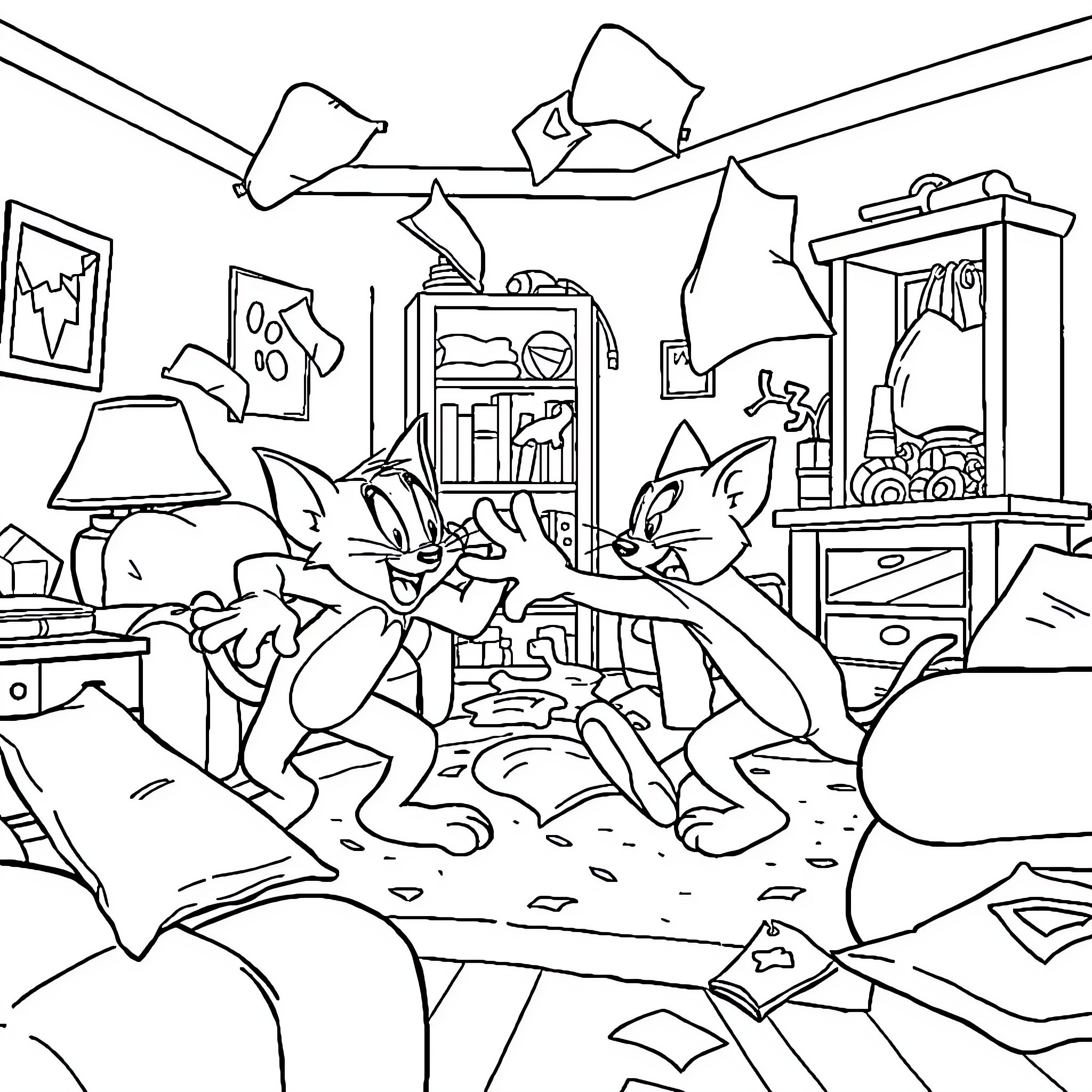 Tom and Jerry's Chaotic Antics in a Messy Room Coloring Page (free black-and-white line drawing printable PDF for all, from beginners to advanced learners, including children, teens, adults, and seniors)