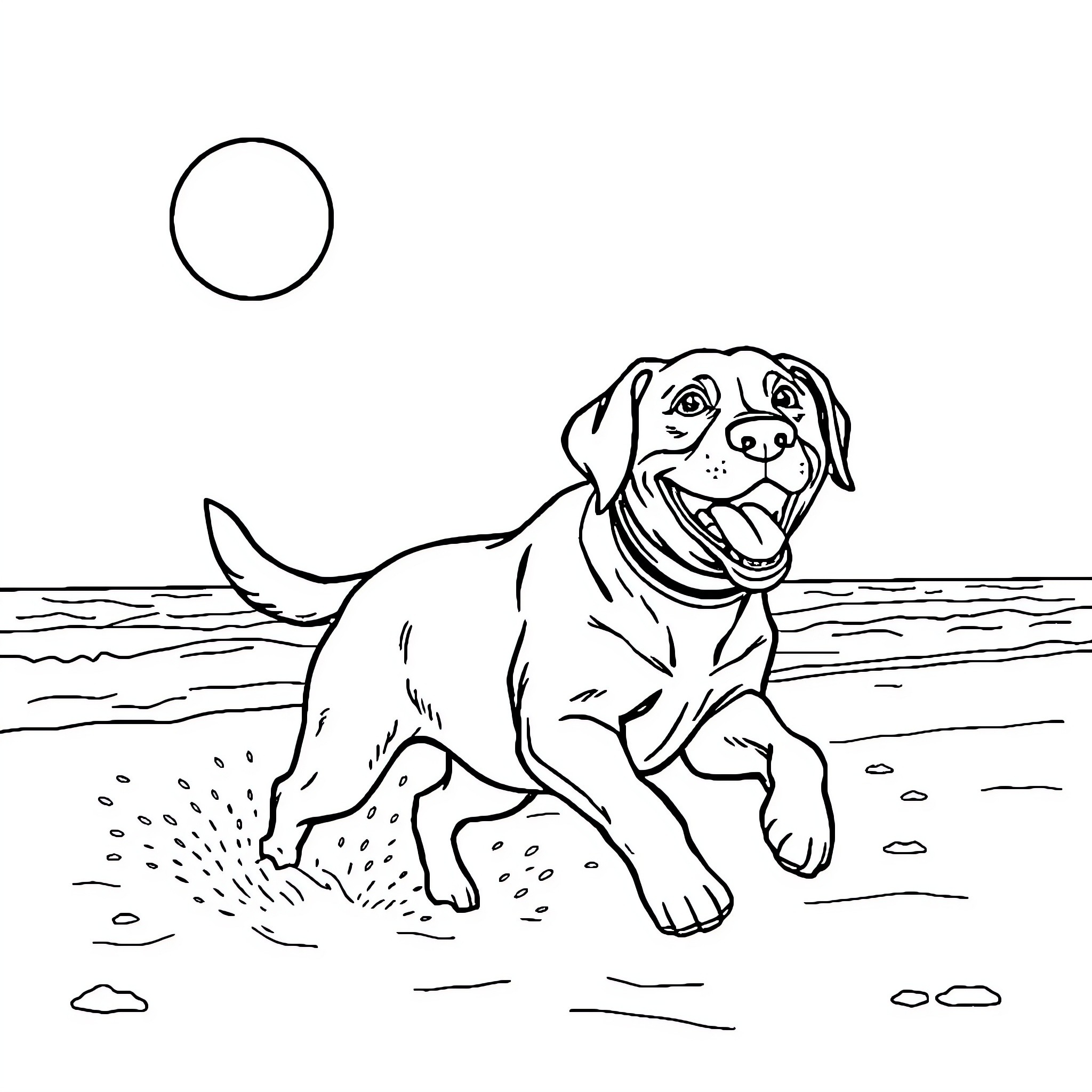 Labrador playing happily on the beach Coloring Page (free black-and-white line drawing printable PDF for all, from beginners to advanced learners, including children, teens, adults, and seniors)