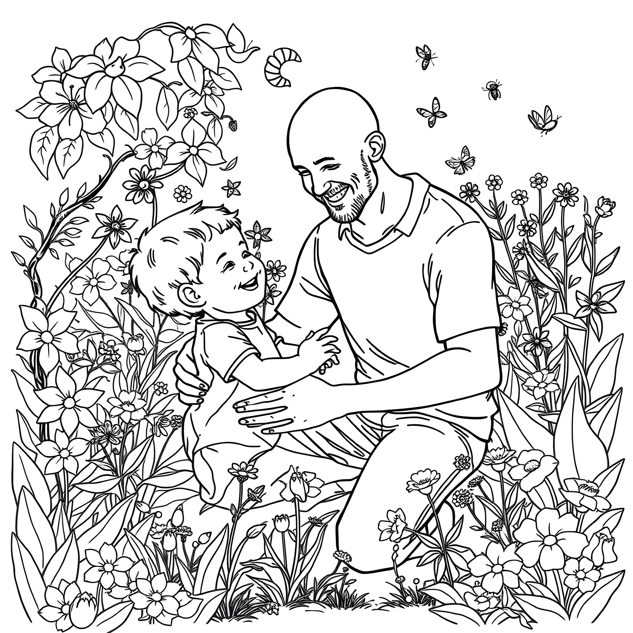 Dad enjoys quality time with happy child in floral garden Coloring Page (free black-and-white line drawing printable PDF for all, from beginners to advanced learners, including children, teens, adults, and seniors)