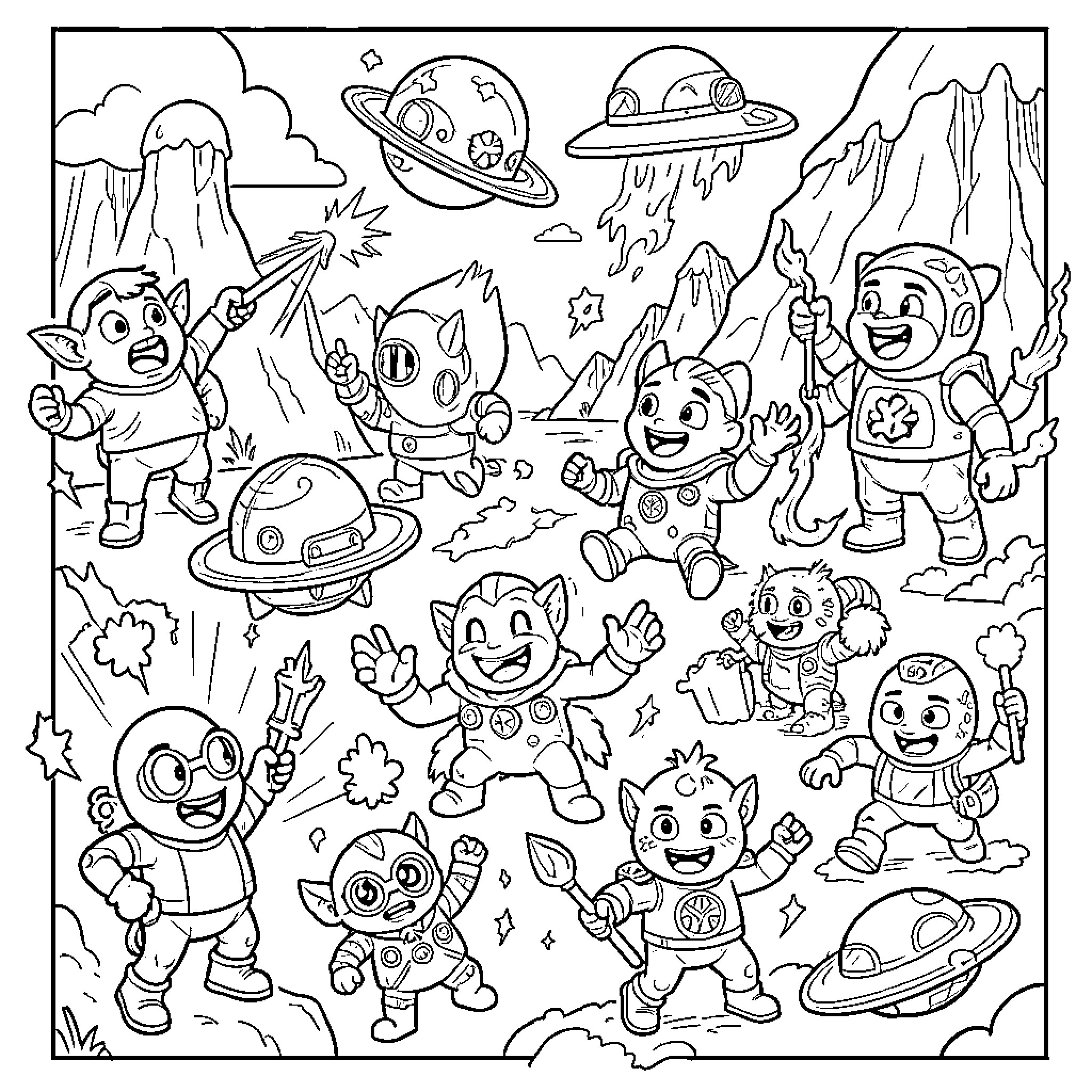 Superthing's Intergalactic Playdate Coloring Page (free black-and-white line drawing printable PDF for all, from beginners to advanced learners, including children, teens, adults, and seniors)