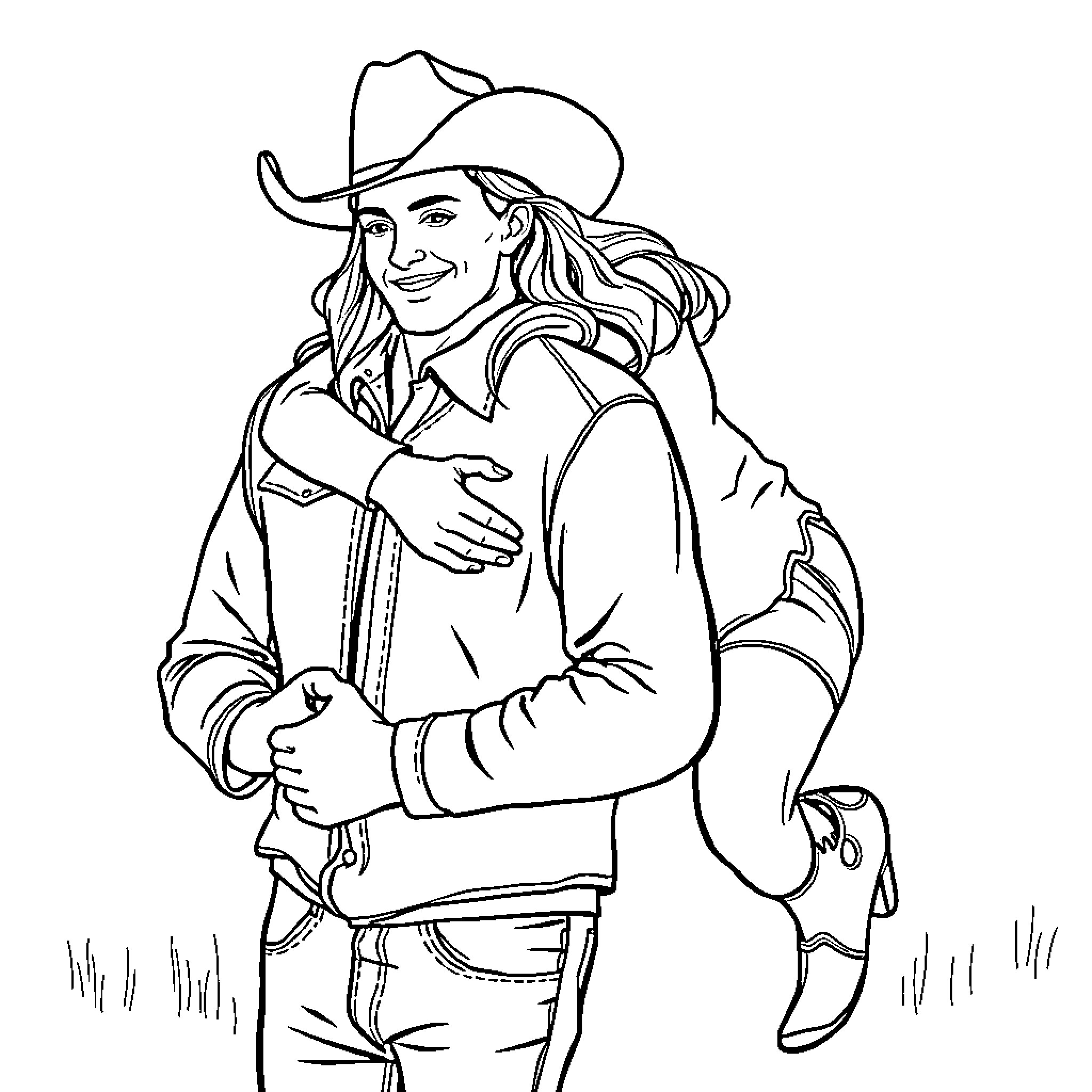 Couple embracing in casual cowboy attire Coloring Page (free black-and-white line drawing printable PDF for all, from beginners to advanced learners, including children, teens, adults, and seniors)