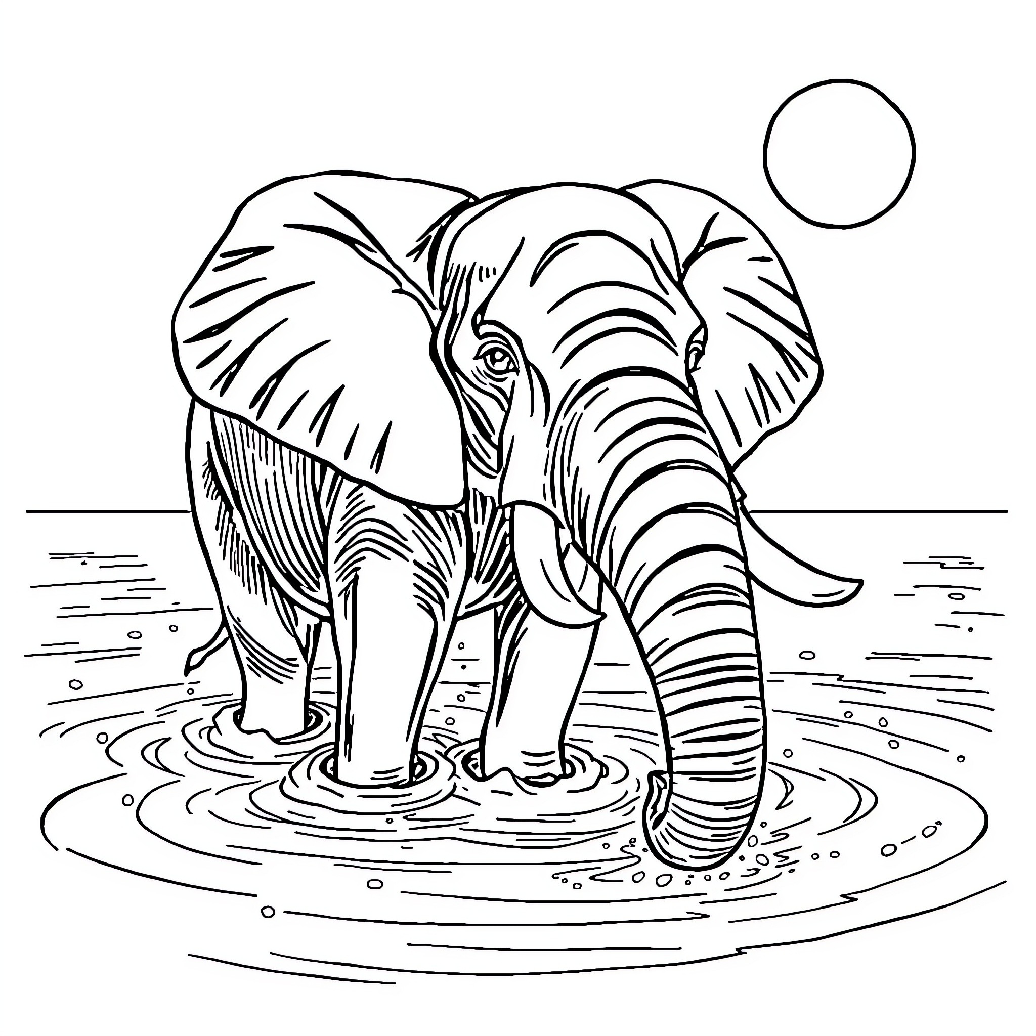 Elephant in Serene Water Reflection Coloring Page (free black-and-white line drawing printable PDF for all, from beginners to advanced learners, including children, teens, adults, and seniors)