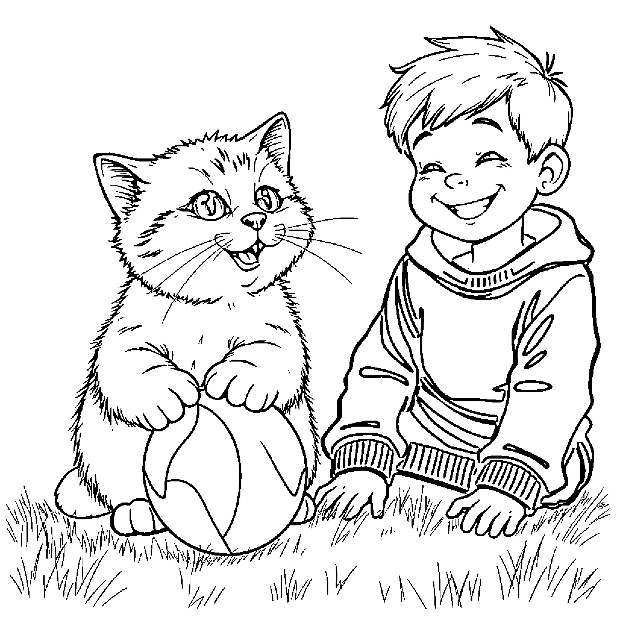 Chat with a Friendly Feline Coloring Page (free black-and-white line drawing printable PDF for all, from beginners to advanced learners, including children, teens, adults, and seniors)