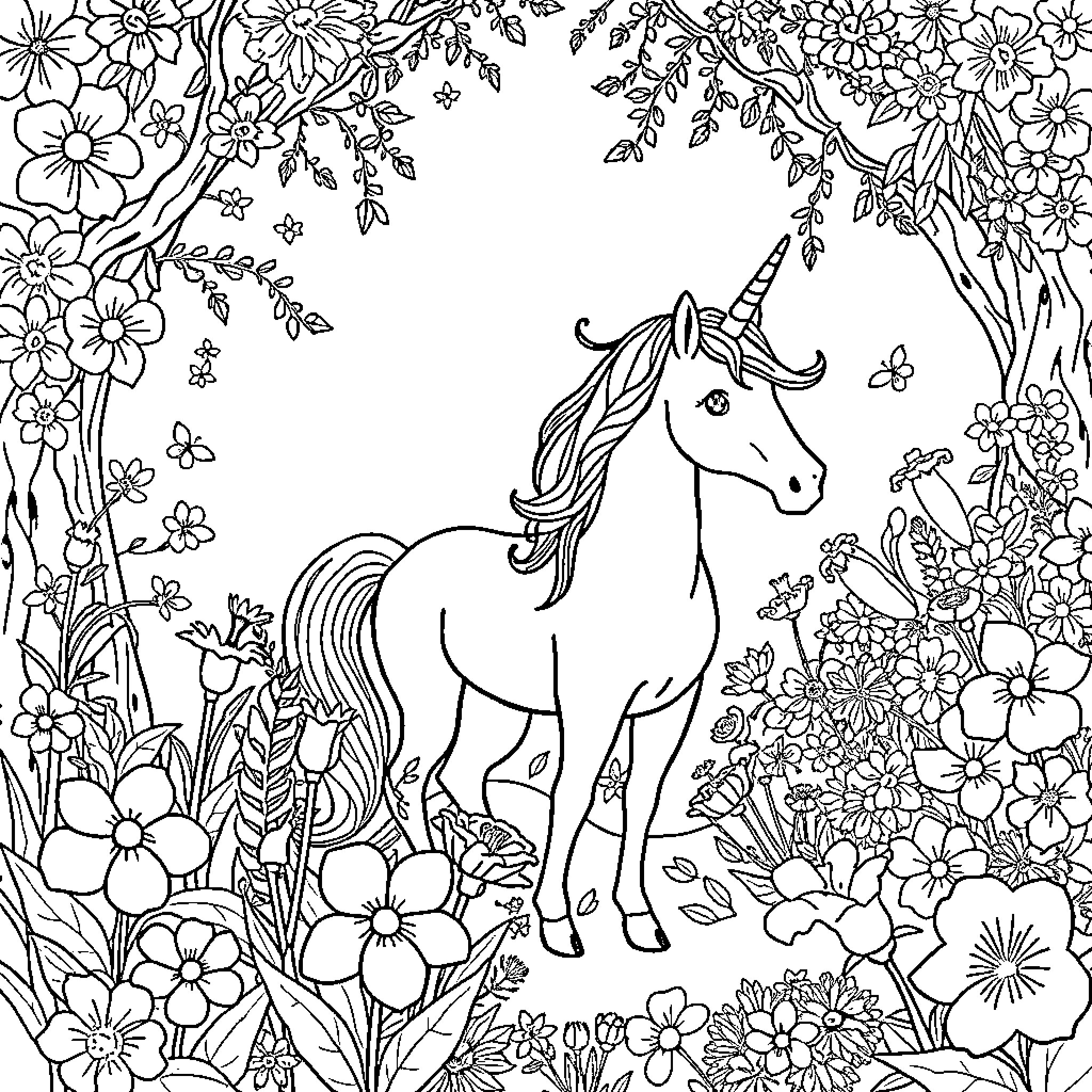 Unicorn surrounded by beautiful flowers Coloring Page (free black-and-white line drawing printable PDF for all, from beginners to advanced learners, including children, teens, adults, and seniors)