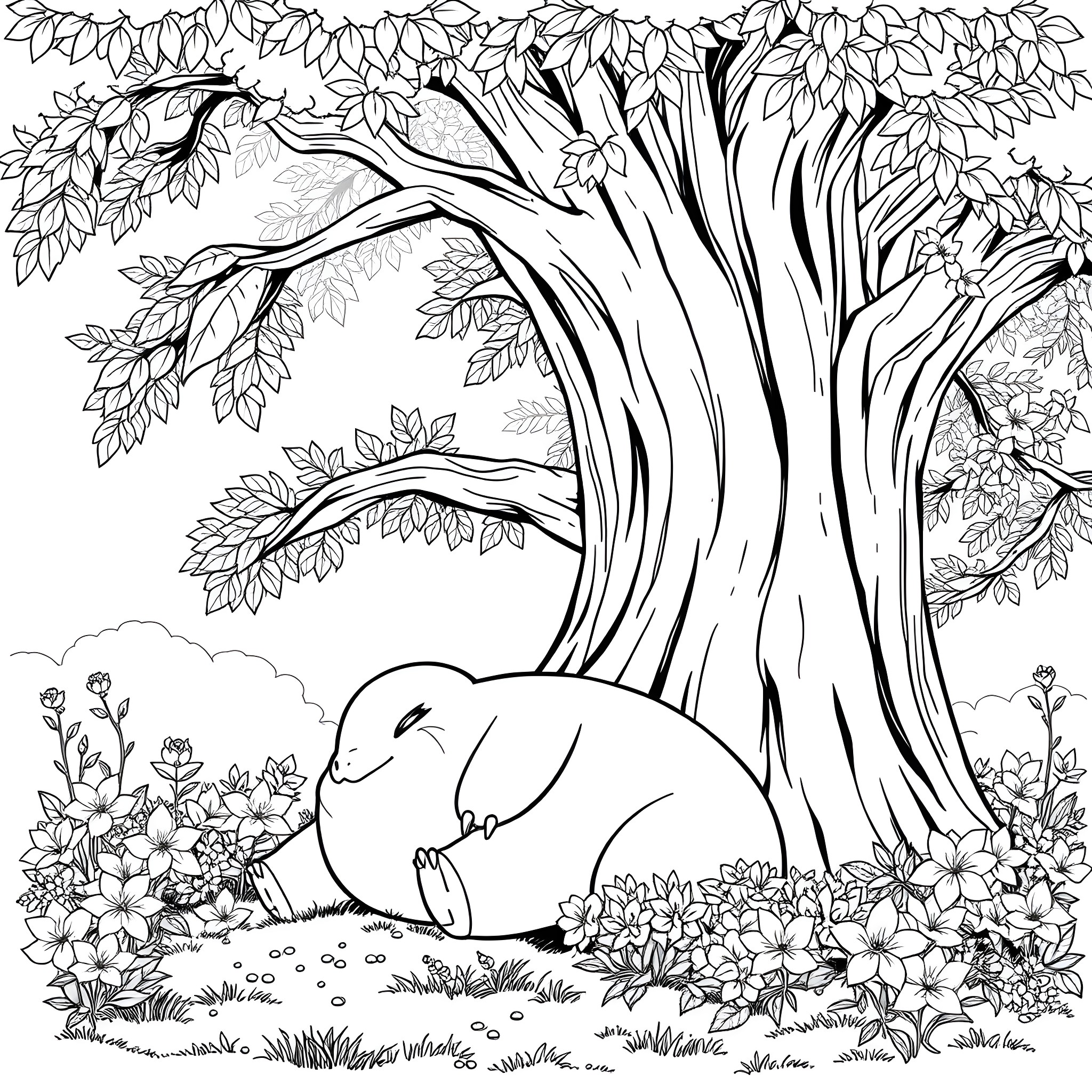 Snorlax relaxing in the enchanted forest Coloring Page (free black-and-white line drawing printable PDF for all, from beginners to advanced learners, including children, teens, adults, and seniors)