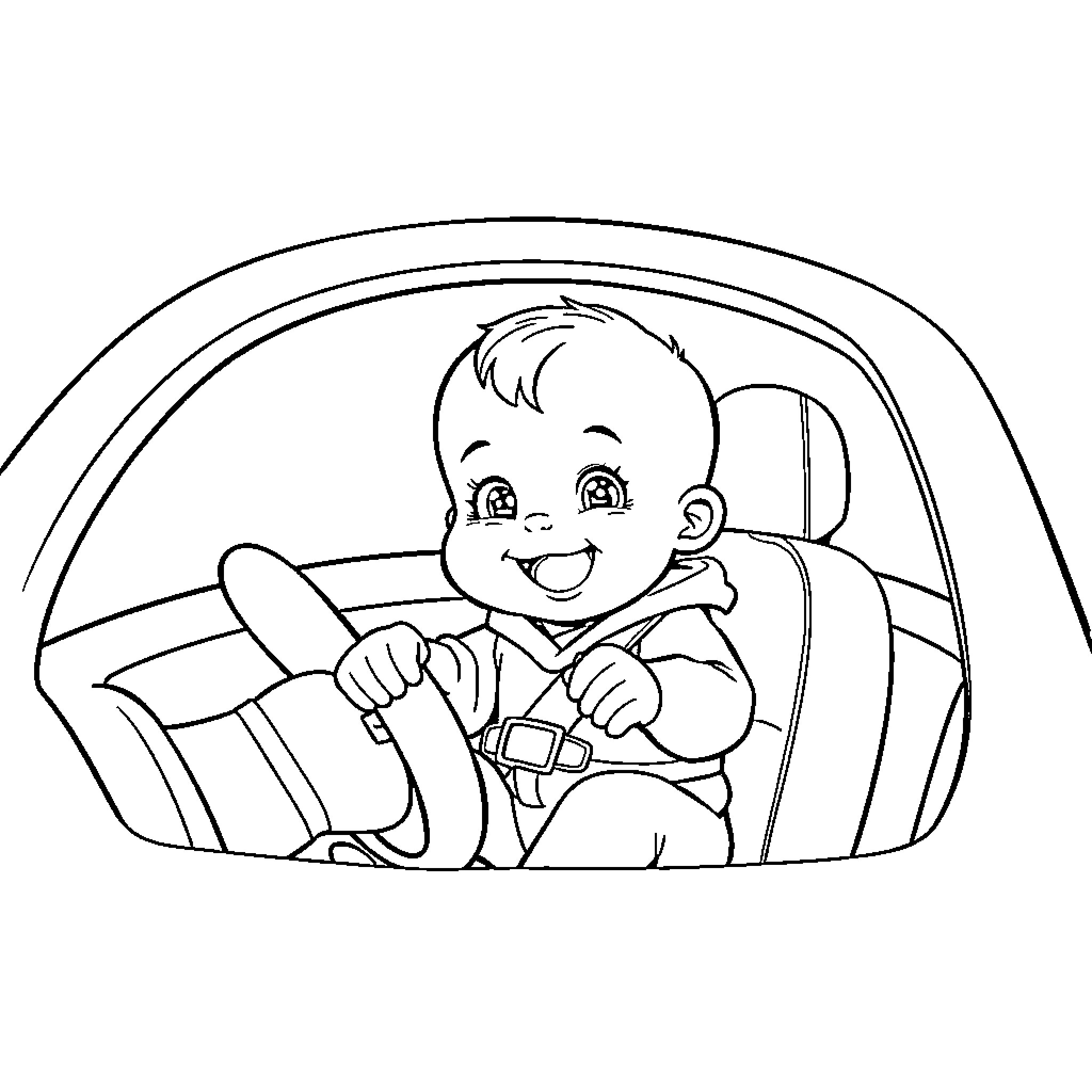 Baby Happily Driving in Car Coloring Page (free black-and-white line drawing printable PDF for all, from beginners to advanced learners, including children, teens, adults, and seniors)