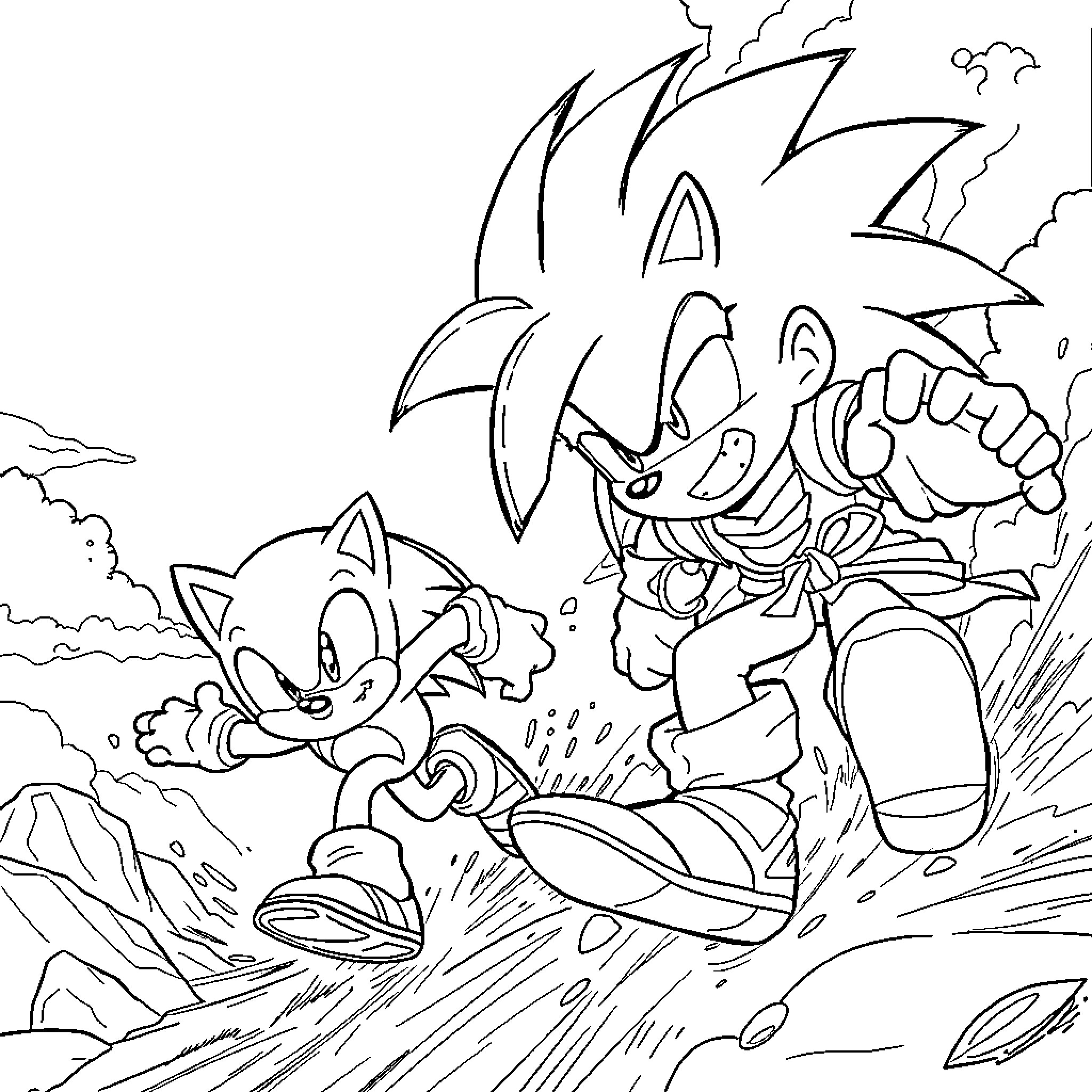 Sonic racing with exhilaration through the countryside Coloring Page (free black-and-white line drawing printable PDF for all, from beginners to advanced learners, including children, teens, adults, and seniors)