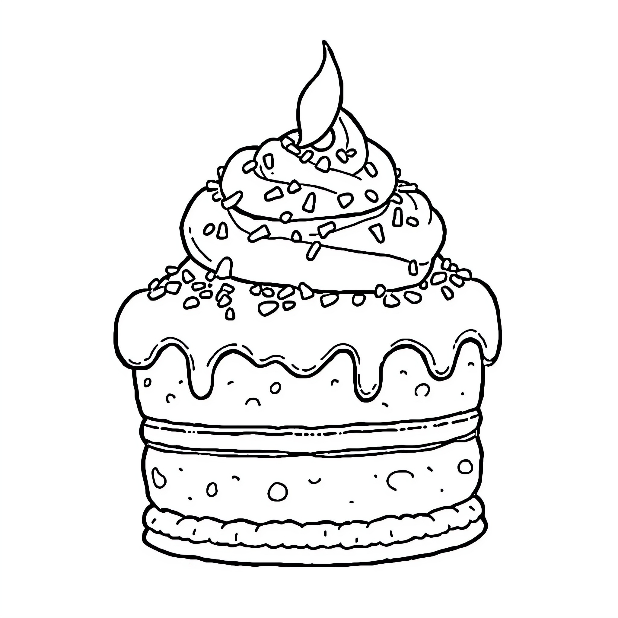 Cake with decorative frosting and sprinkles Coloring Page (free black-and-white line drawing printable PDF for all, from beginners to advanced learners, including children, teens, adults, and seniors)