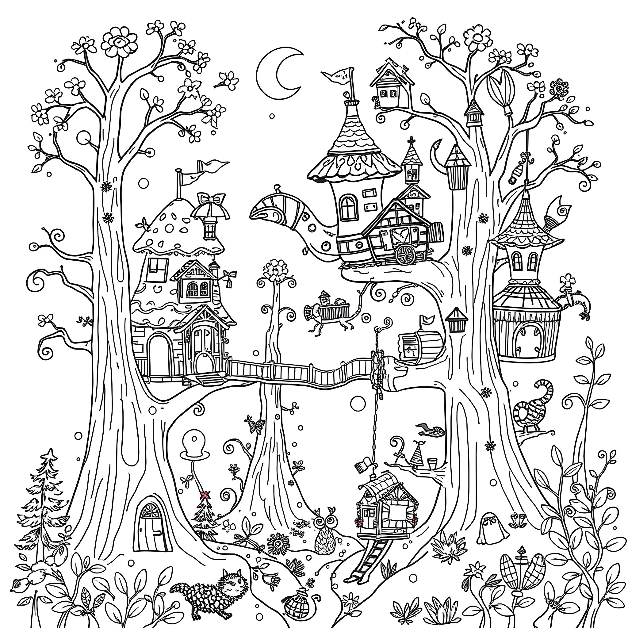 Treehouse fantasy village with whimsical creatures Coloring Page (free black-and-white line drawing printable PDF for all, from beginners to advanced learners, including children, teens, adults, and seniors)