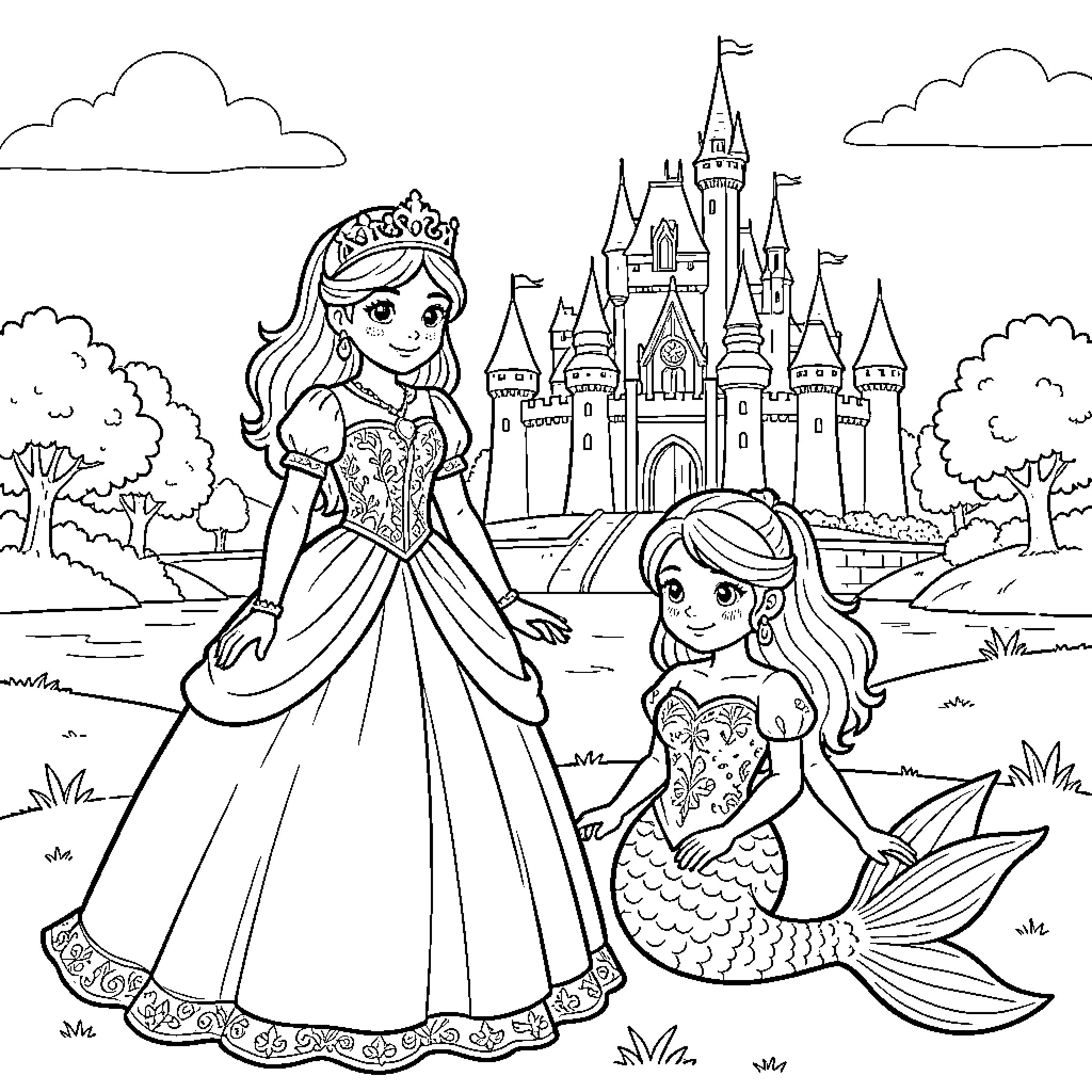 Princess in a gown standing beside a mermaid Coloring Page (free black-and-white line drawing printable PDF for all, from beginners to advanced learners, including children, teens, adults, and seniors)