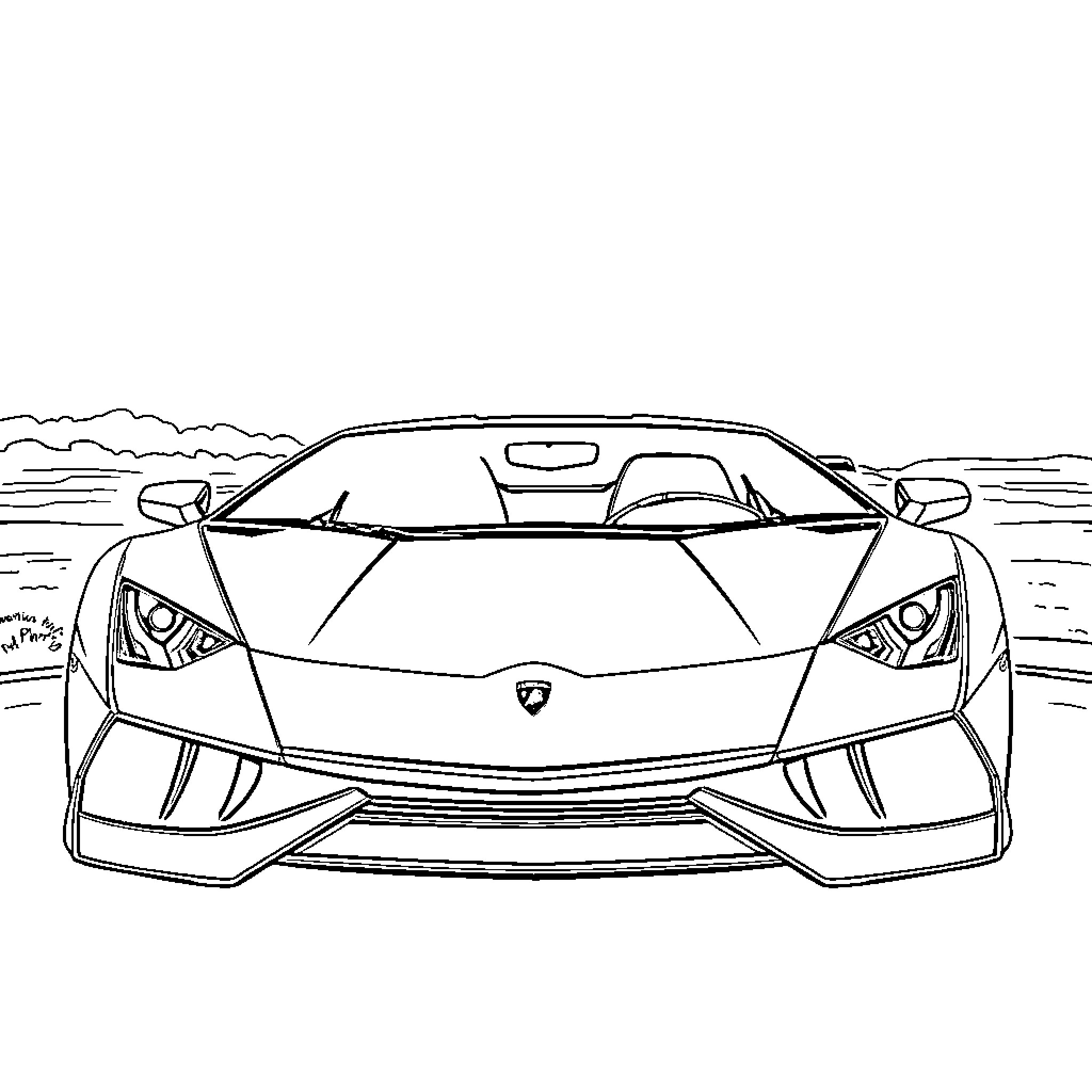 Lamborghini sports car on the open road Coloring Page (free black-and-white line drawing printable PDF for all, from beginners to advanced learners, including children, teens, adults, and seniors)