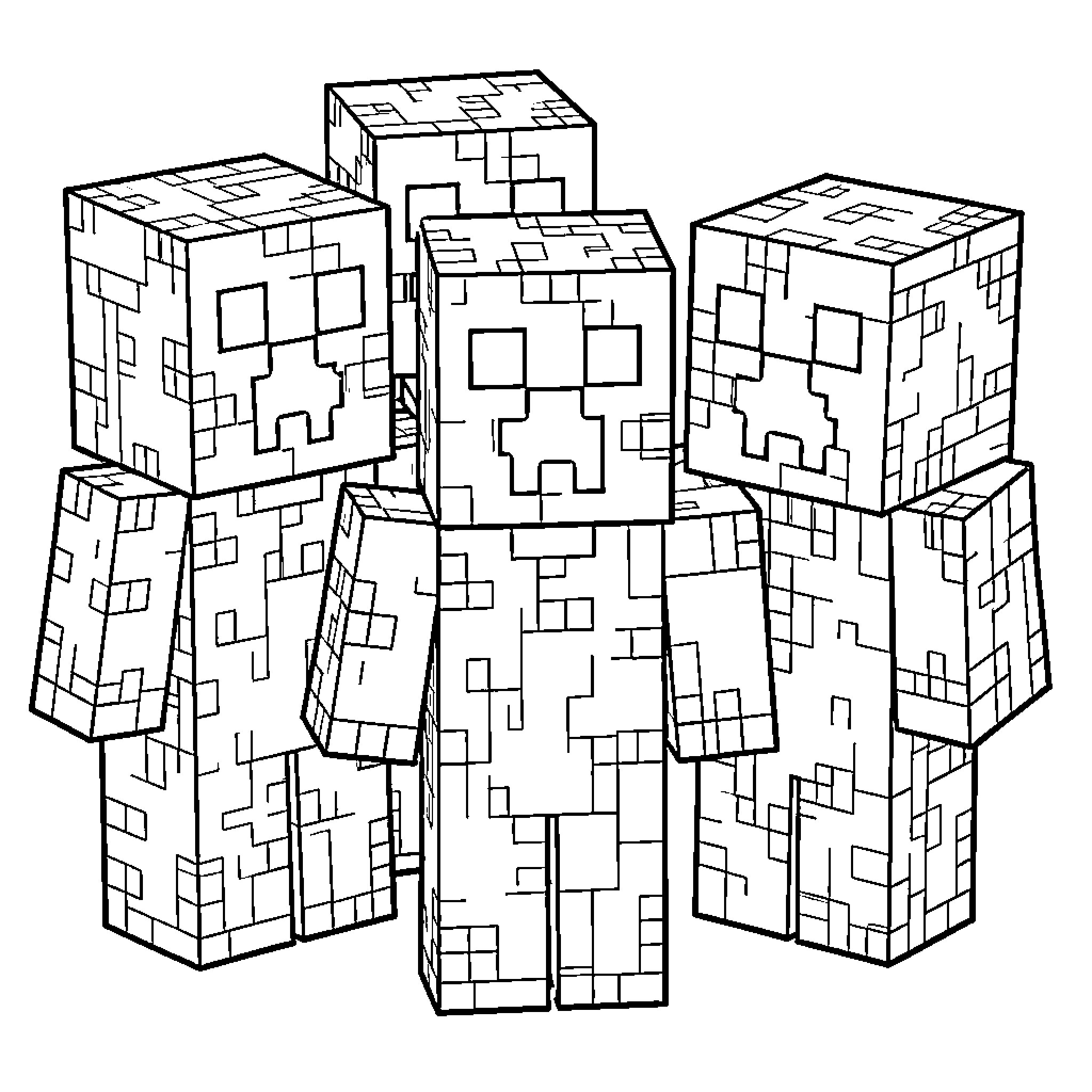 Creeper characters standing together in a group Coloring Page (free black-and-white line drawing printable PDF for all, from beginners to advanced learners, including children, teens, adults, and seniors)