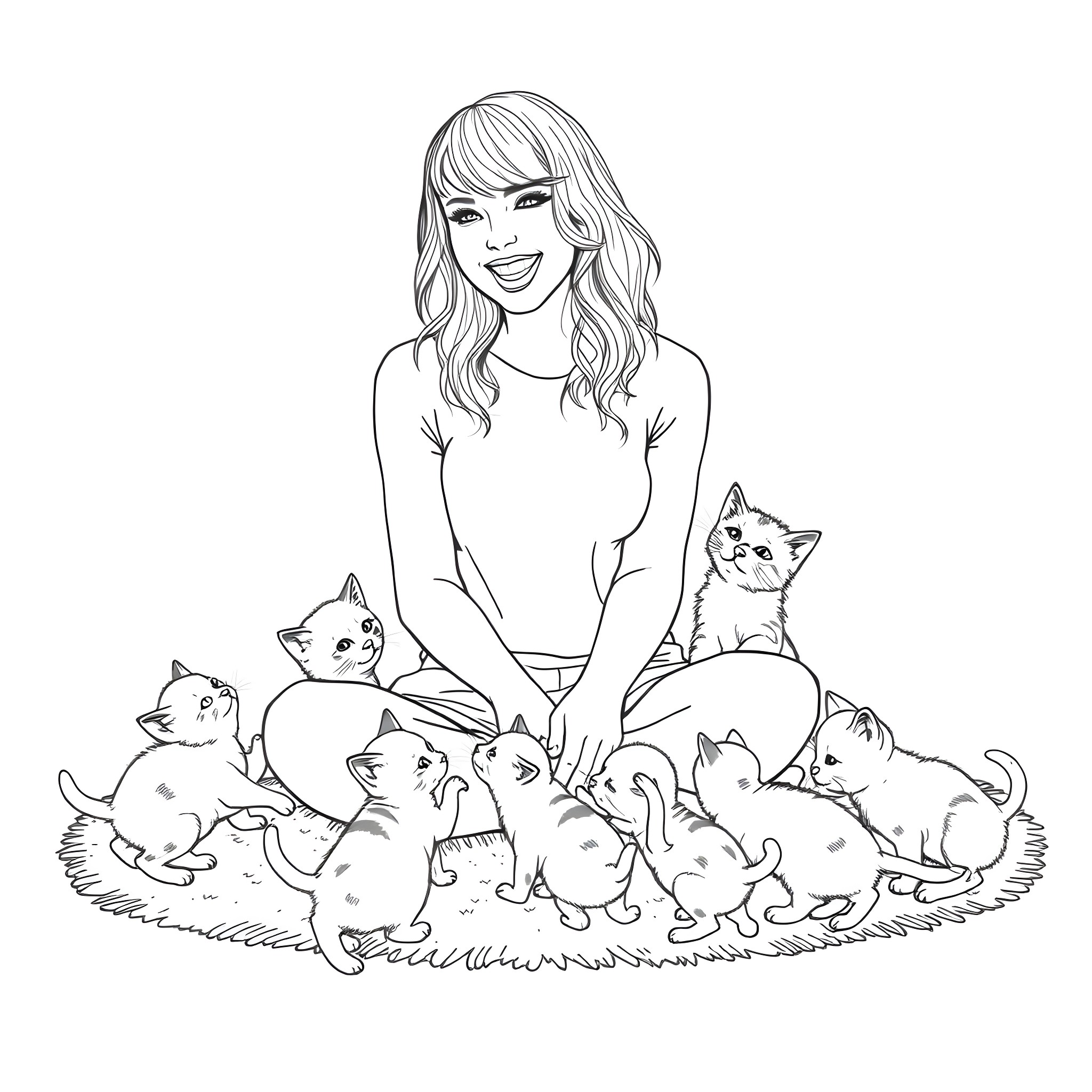 Taylor Swift surrounded by playful kittens Coloring Page (free black-and-white line drawing printable PDF for all, from beginners to advanced learners, including children, teens, adults, and seniors)