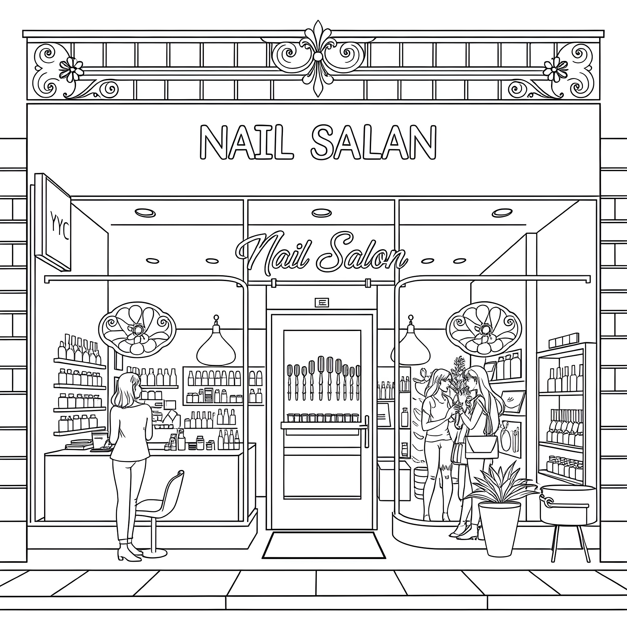 Nail Salon with Customers and Employees Coloring Page (free black-and-white line drawing printable PDF for all, from beginners to advanced learners, including children, teens, adults, and seniors)