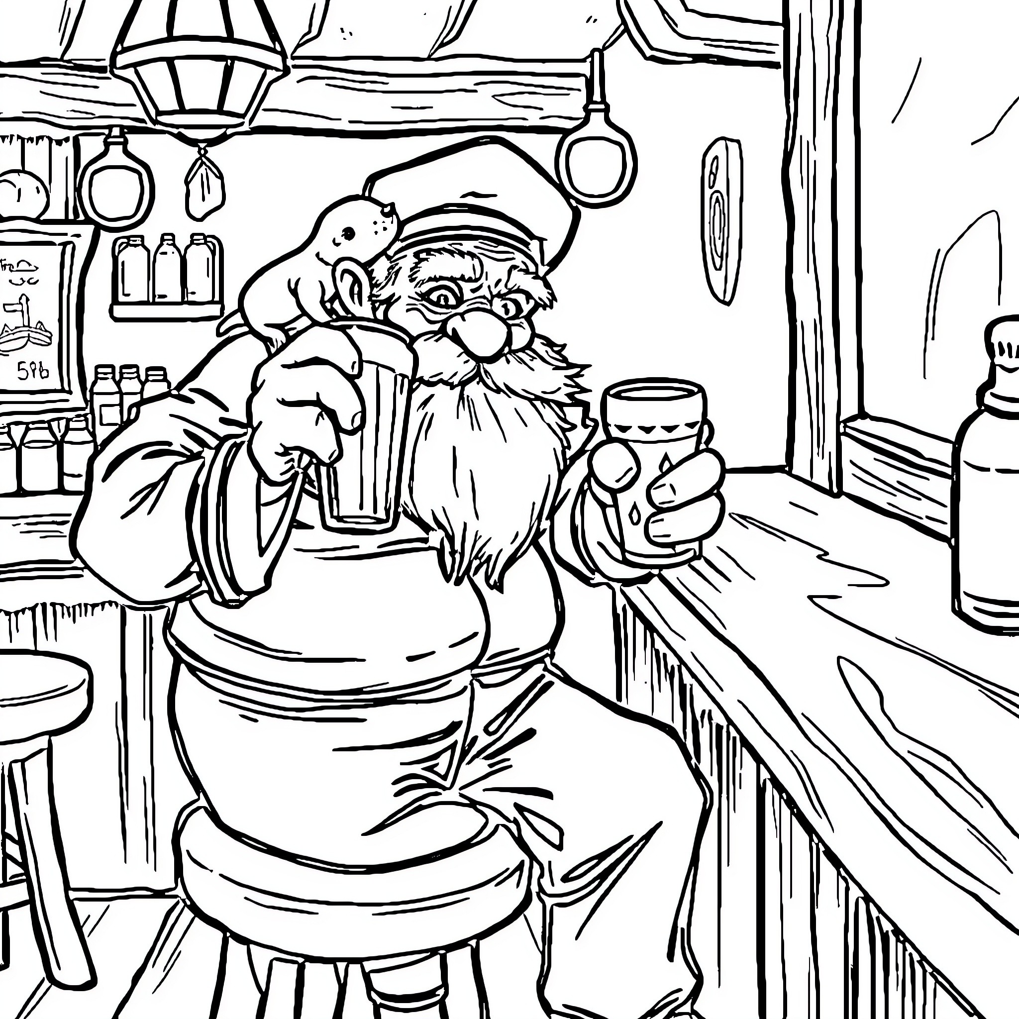 Sailor enjoying a drink in his cozy cabin Coloring Page (free black-and-white line drawing printable PDF for all, from beginners to advanced learners, including children, teens, adults, and seniors)