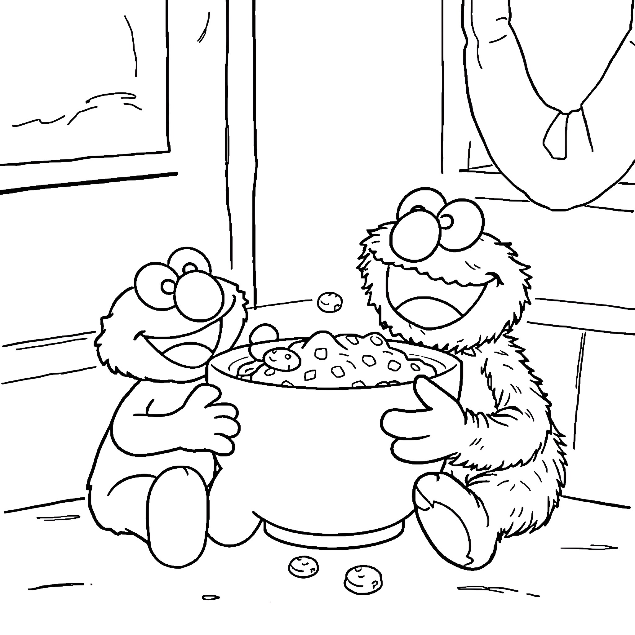 Elmo enjoying cookies in the kitchen Coloring Page (free black-and-white line drawing printable PDF for all, from beginners to advanced learners, including children, teens, adults, and seniors)