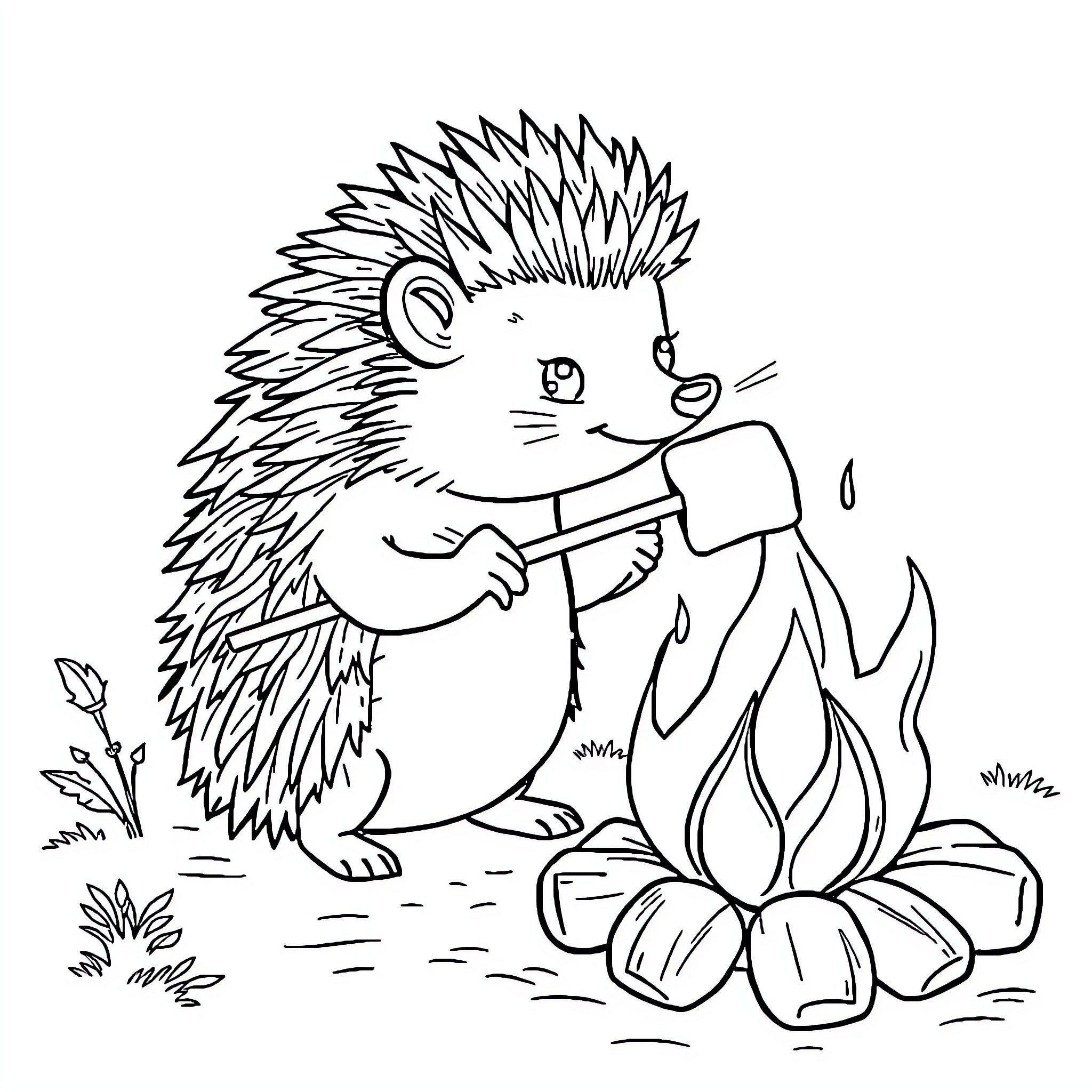 Hedgehog warming itself by the campfire Coloring Page (free black-and-white line drawing printable PDF for all, from beginners to advanced learners, including children, teens, adults, and seniors)