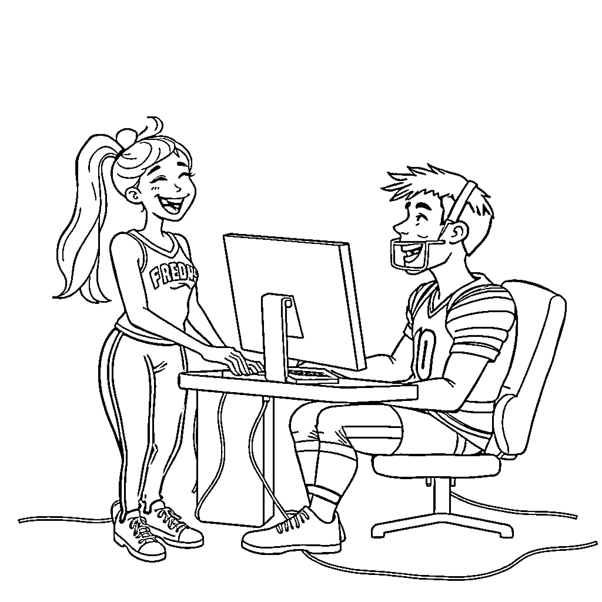 Cheerleaders assisting with computer task Coloring Page (free black-and-white line drawing printable PDF for all, from beginners to advanced learners, including children, teens, adults, and seniors)