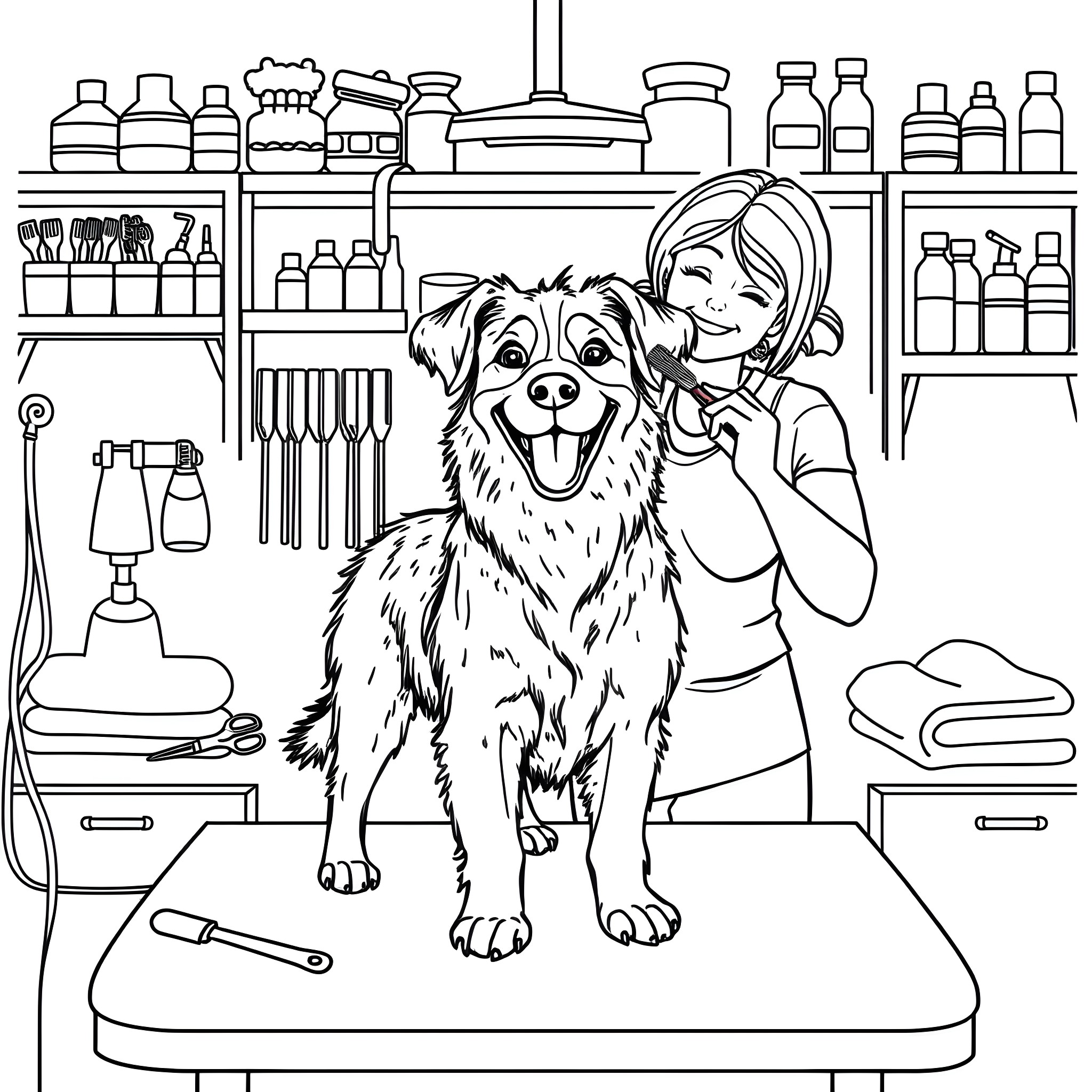 Dog getting groomed at the pet grooming salon Coloring Page (free black-and-white line drawing printable PDF for all, from beginners to advanced learners, including children, teens, adults, and seniors)