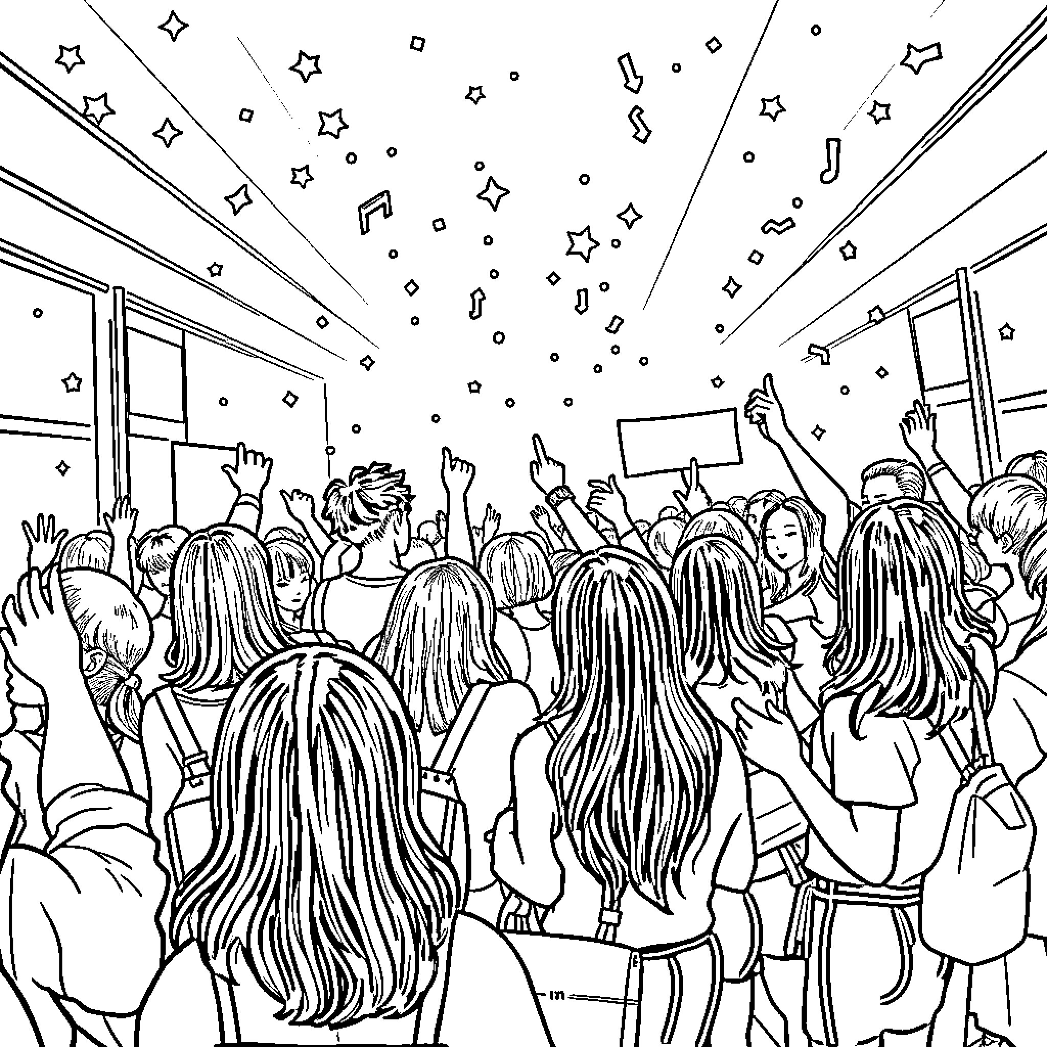 Kpop Fans Celebrating with Hands Raised Coloring Page (free black-and-white line drawing printable PDF for all, from beginners to advanced learners, including children, teens, adults, and seniors)
