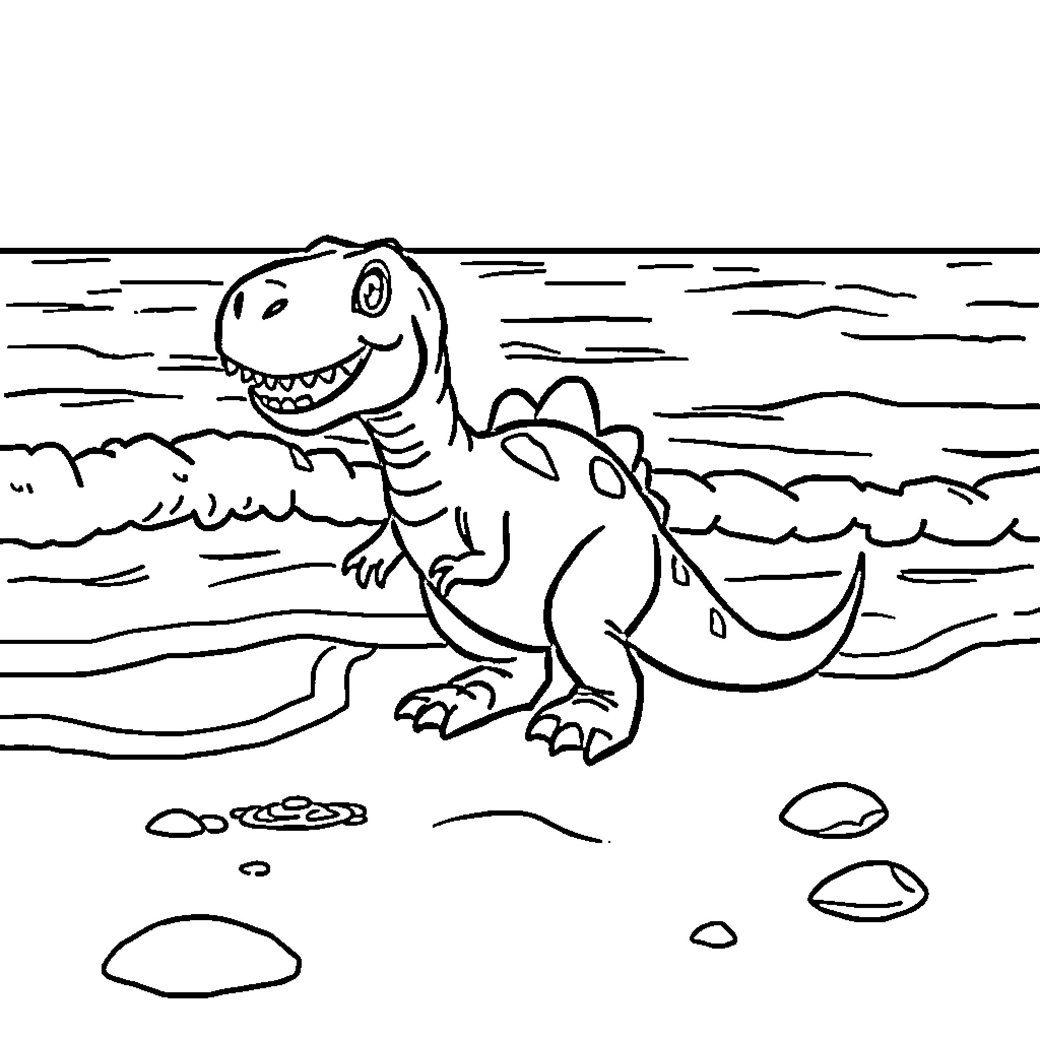 Dinosaur playing on the beach Coloring Page (free black-and-white line drawing printable PDF for all, from beginners to advanced learners, including children, teens, adults, and seniors)