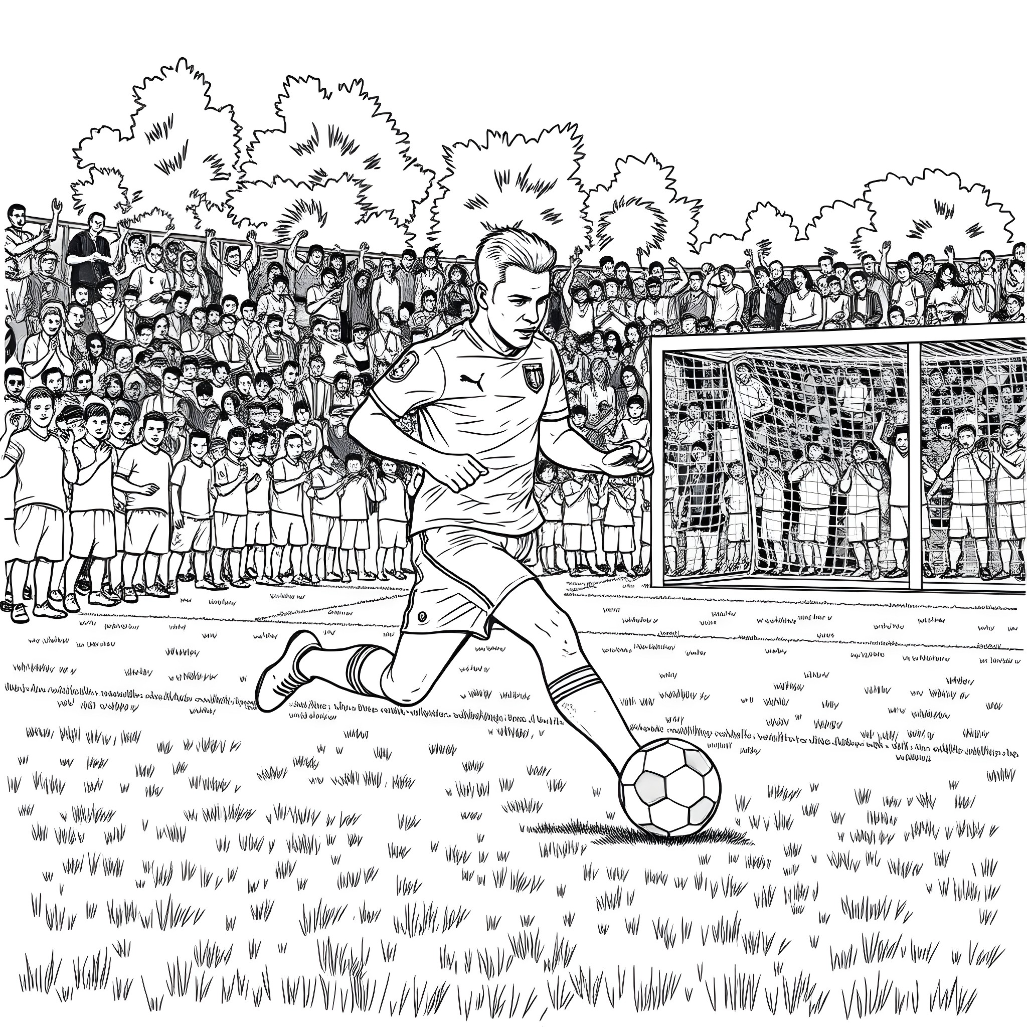 Soccer Player Scoring Goal in Front of Cheering Crowd Coloring Page (free black-and-white line drawing printable PDF for all, from beginners to advanced learners, including children, teens, adults, and seniors)