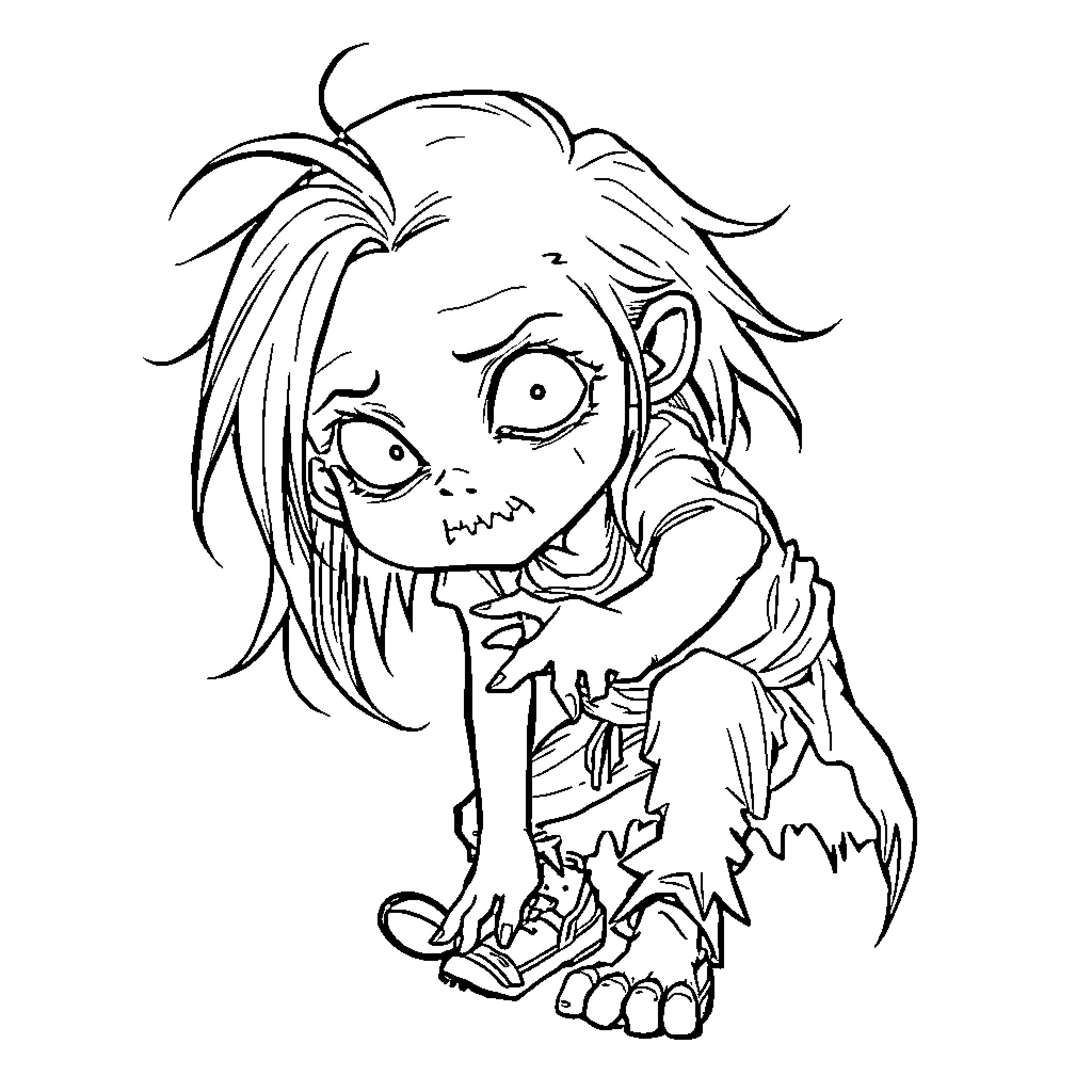 Anime Zombie in Tattered Clothes with Distressed Expression Coloring Page (free black-and-white line drawing printable PDF for all, from beginners to advanced learners, including children, teens, adults, and seniors)