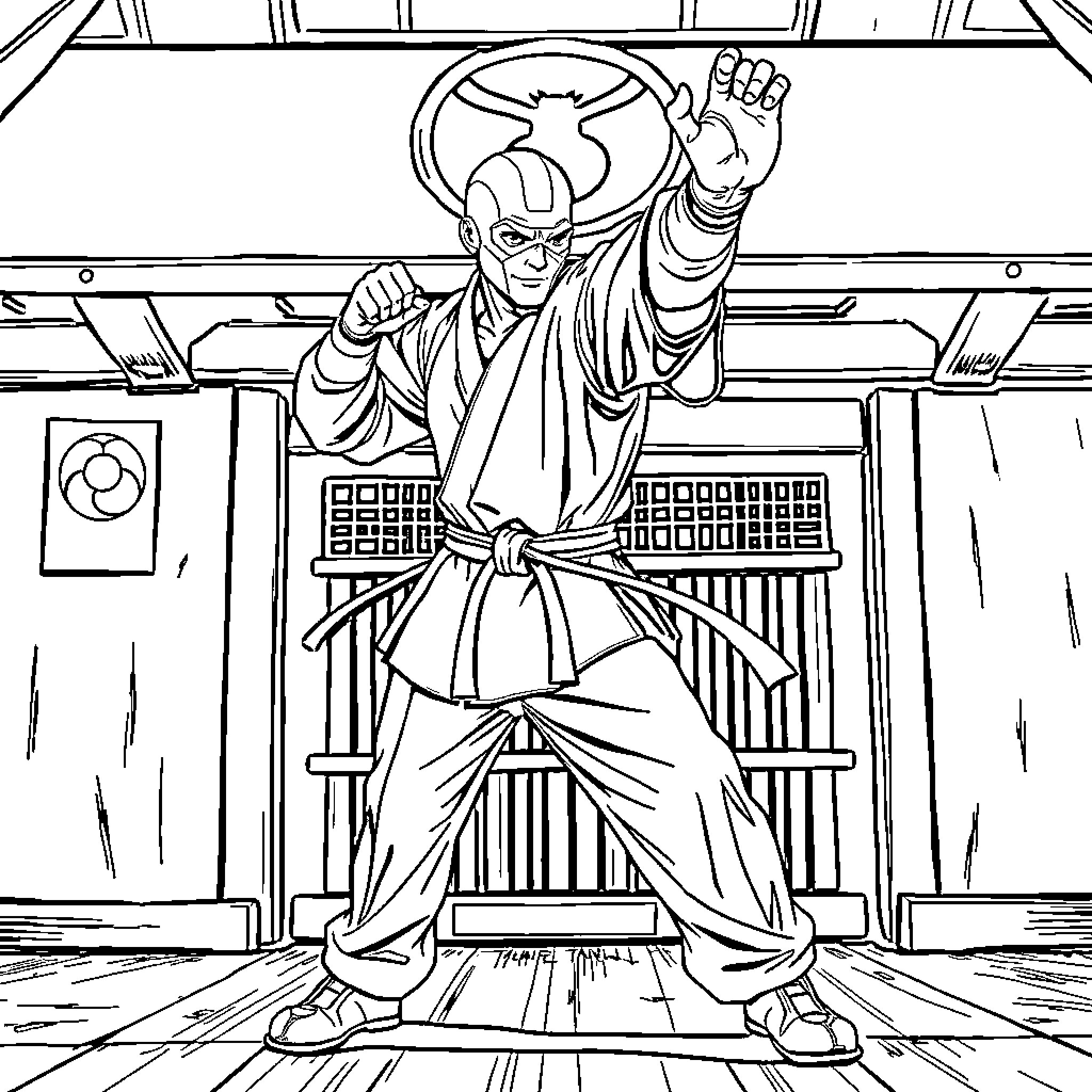 Superhero Warrior Wielding Martial Arts Weapons Coloring Page (free black-and-white line drawing printable PDF for all, from beginners to advanced learners, including children, teens, adults, and seniors)