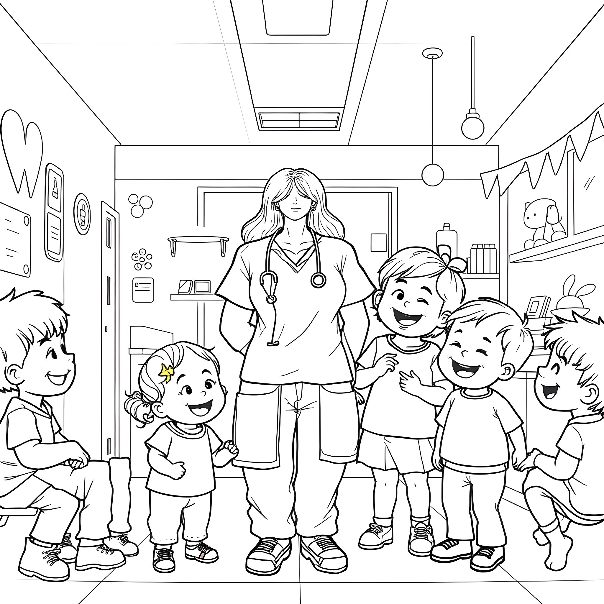 Nurse caring for happy children in clinic Coloring Page (free black-and-white line drawing printable PDF for all, from beginners to advanced learners, including children, teens, adults, and seniors)
