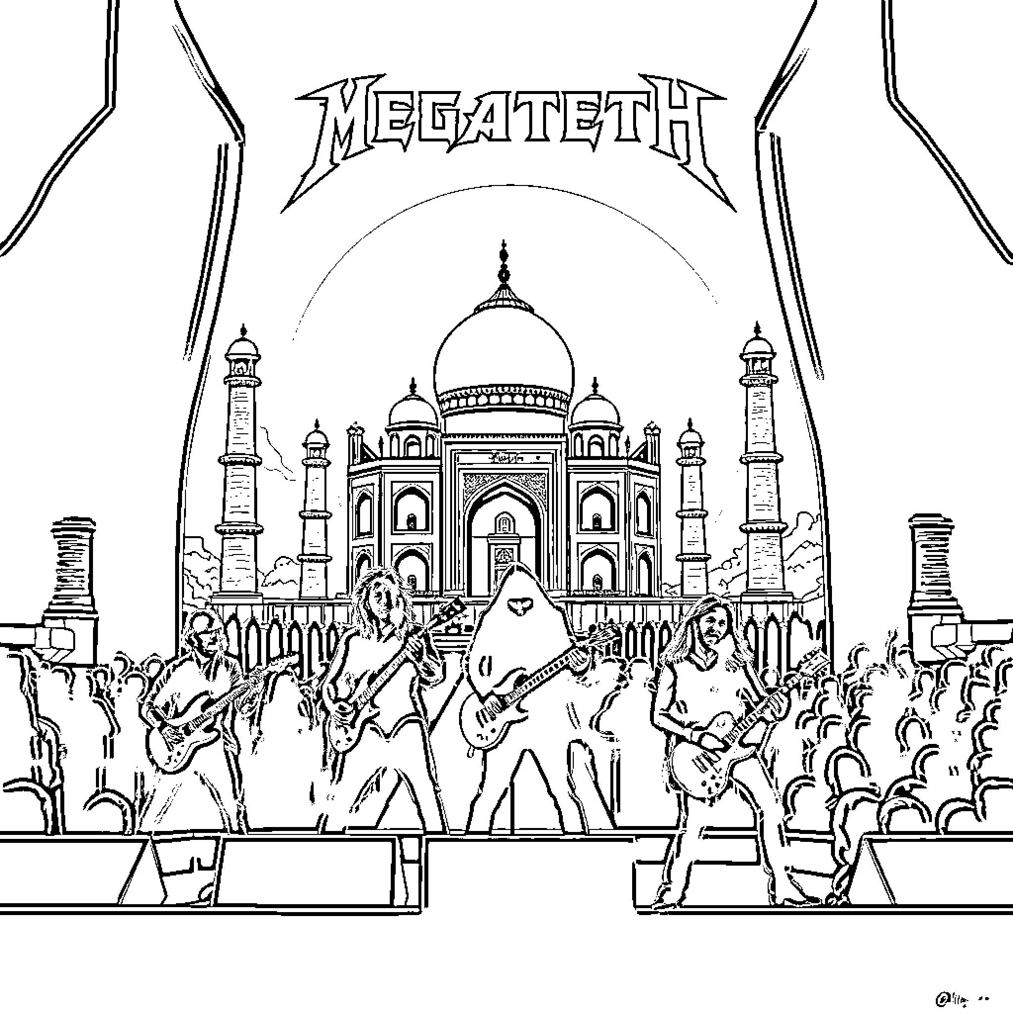 Band performing before iconic architectural landmark Coloring Page (free black-and-white line drawing printable PDF for all, from beginners to advanced learners, including children, teens, adults, and seniors)