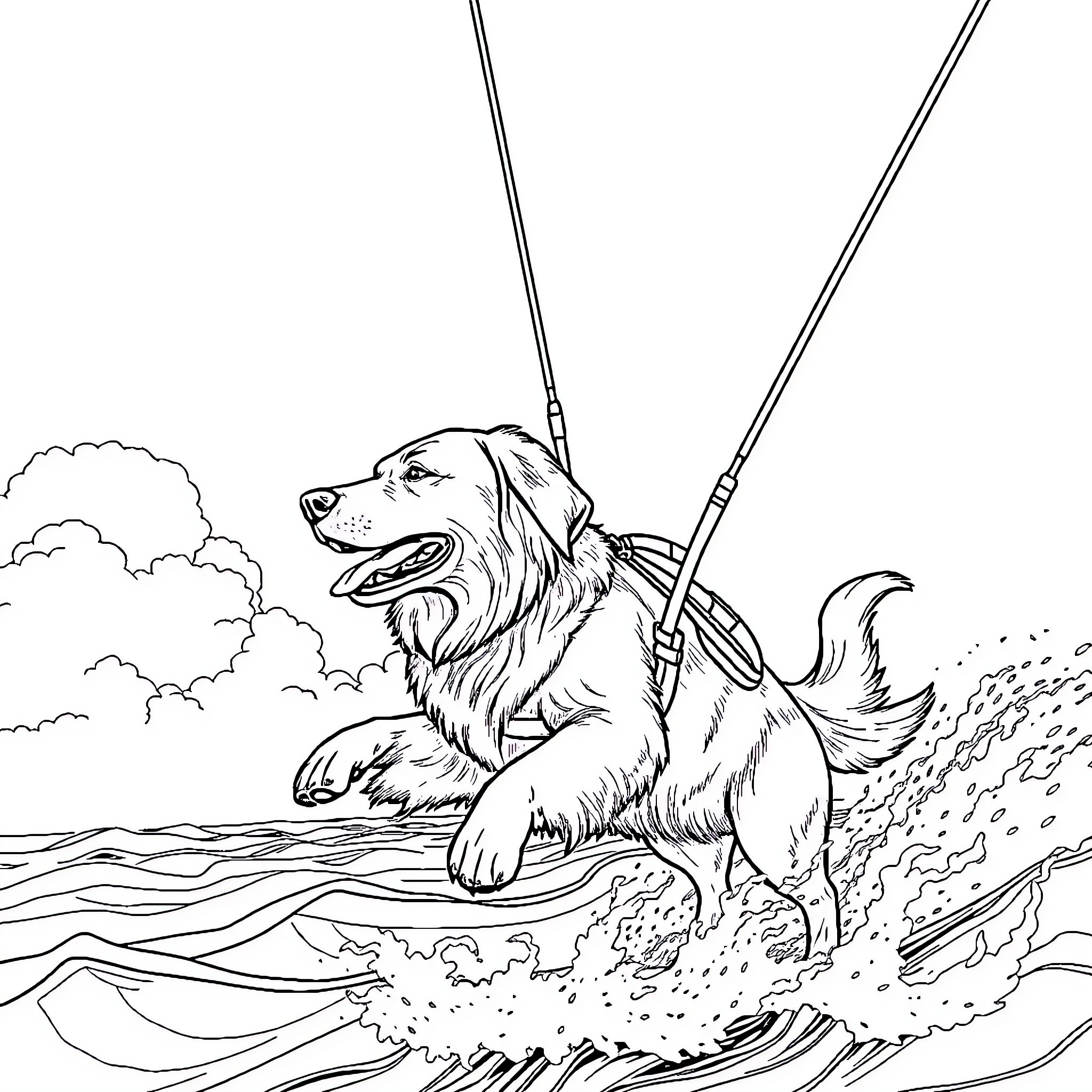 Golden Retriever Enjoying Water Adventure Coloring Page (free black-and-white line drawing printable PDF for all, from beginners to advanced learners, including children, teens, adults, and seniors)