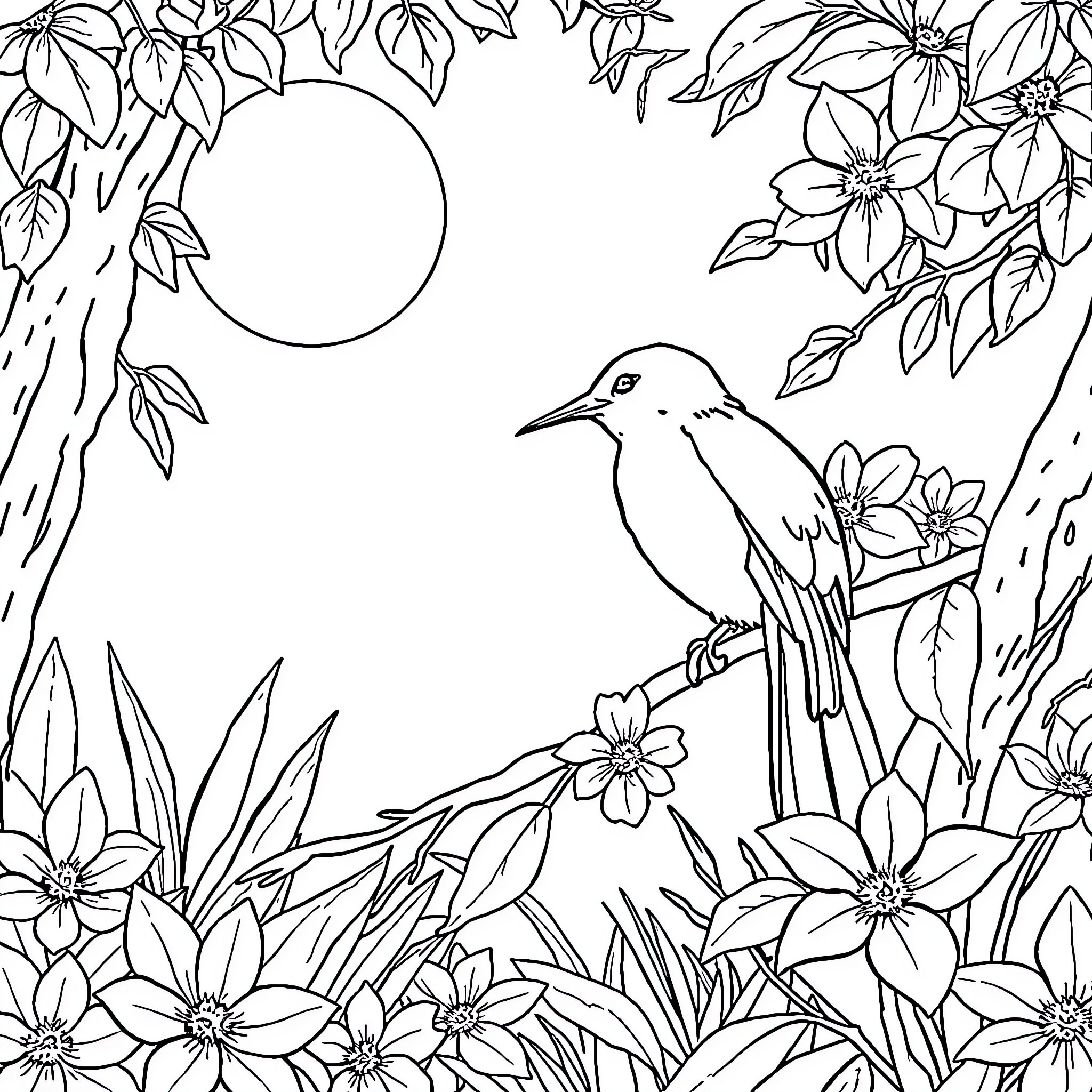 Swing through floral nature at dusk Coloring Page (free black-and-white line drawing printable PDF for all, from beginners to advanced learners, including children, teens, adults, and seniors)