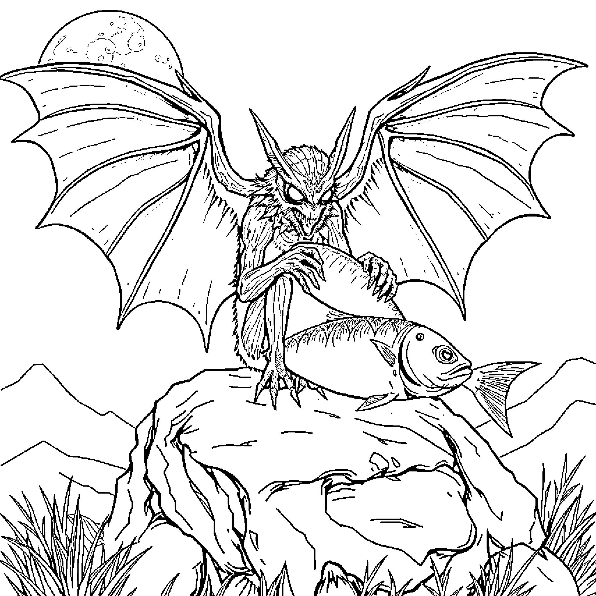Mothman crouching over a fish on a rock Coloring Page (free black-and-white line drawing printable PDF for all, from beginners to advanced learners, including children, teens, adults, and seniors)